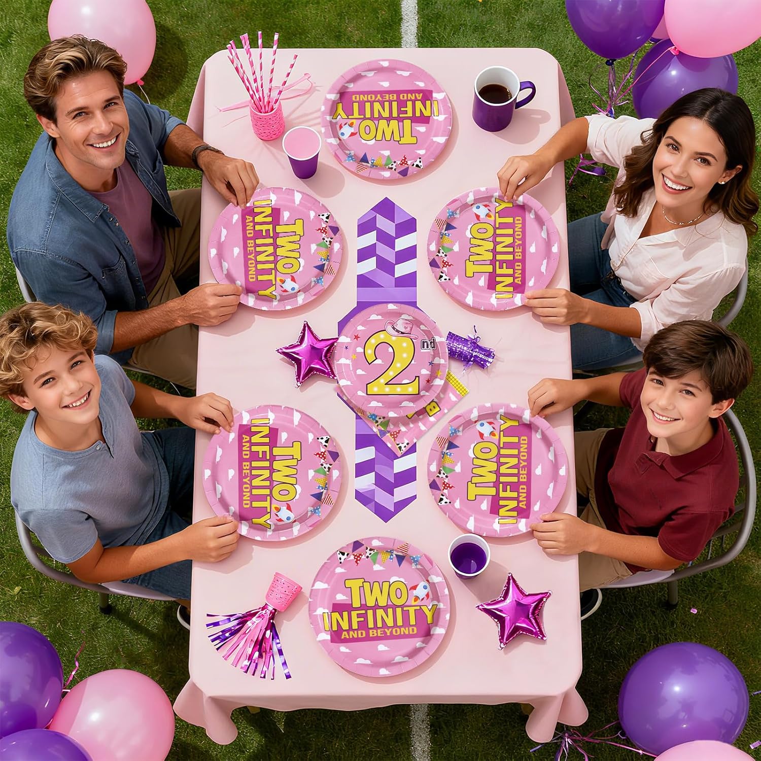 96Pcs Toy Cartoon Story 2nd Birthday Party Decorations for Girl Two Infinity and Beyond Plates and Napkins Pink Sky White Cloud Hat Tableware Set for Girls Second Themed Party supplies, Serves 24