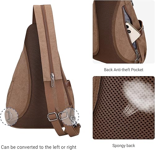 Miniatura 5 de WITZMAN Bolso bandolera de lona para hombres y mujeres, mochila convertible cruzada, estilo vintage, bolsa de pecho de viaje casual (A8003 marrón)