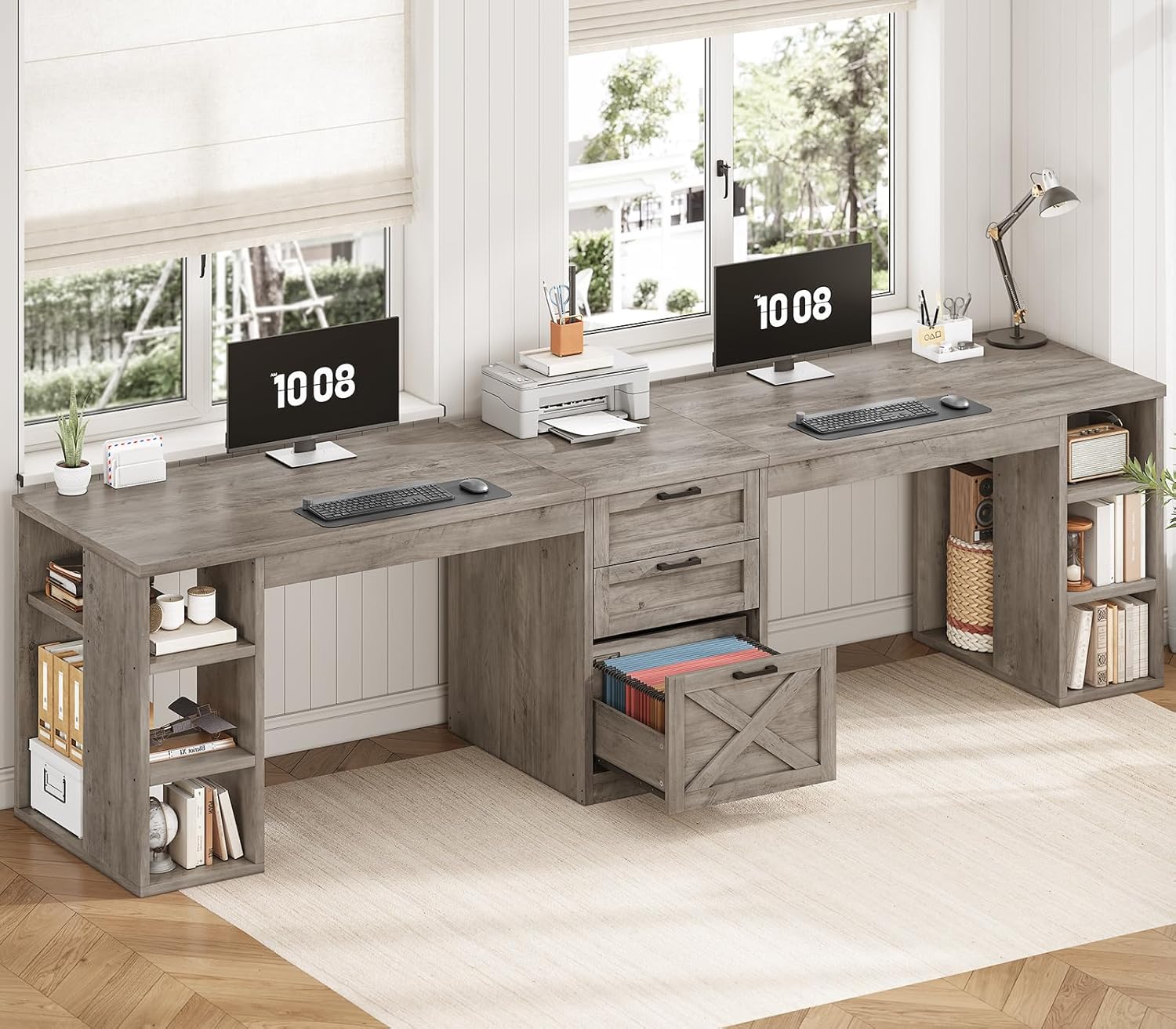 SEDETA Farmhouse 96.5" Computer Desk with Drawers, 2 Person Home Office Desk, Gaming Double Desk with Storage Shelves, Long Two Person Writing Desk (Grey)