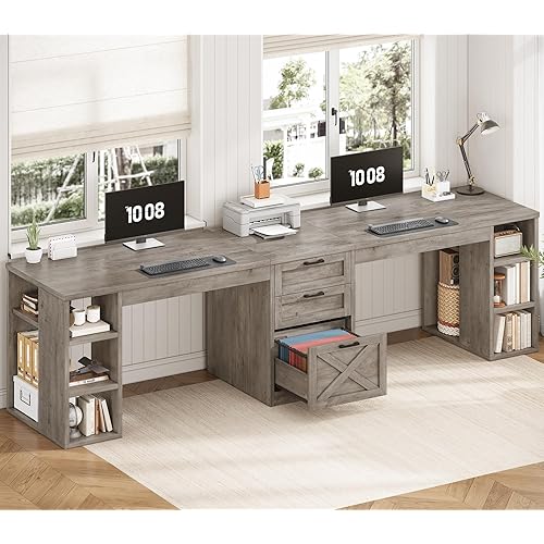 SEDETA Farmhouse 96.5" Computer Desk with Drawers, 2 Person Home Office Desk, Gaming Double Desk with Storage Shelves, Long Two Person Writing Desk (Grey)