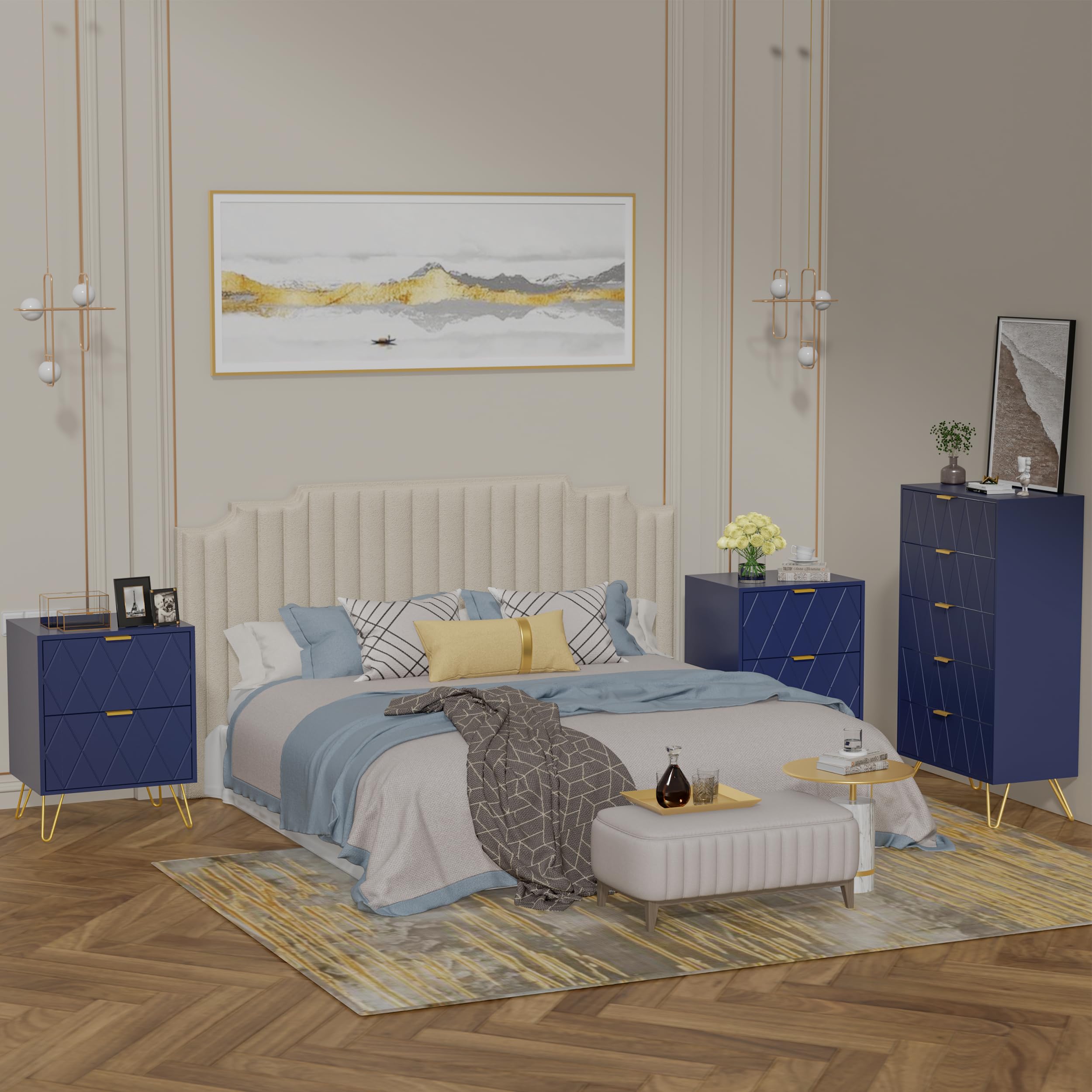 UEV Commode, Commode de Rangement à 5 Tiroirs, Style Moderne Scandinave, Manches et Pieds en Couleur Dorée, Commode Étroite pour Salon, Chambre, Couloir, 60 x 34 x 110 cm, Bleu