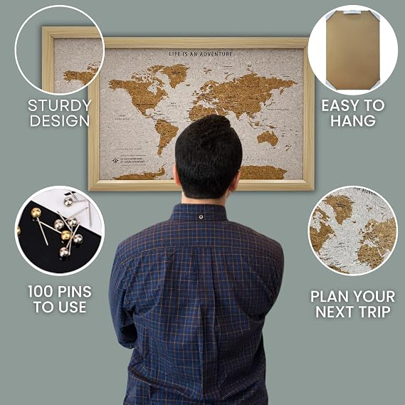 Splosh Framed Travel Map - White Small Wooden Pin Board with 100 Pins. Cork Board. Wooden World Map Cork Board, Corkboard Wooden Map of the World Travel Gift. Mark your fast & future adventures!