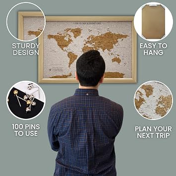 Splosh Framed Travel Map - White Small Wooden Pin Board with 100 Pins. Cork Board. Wooden World Map Cork Board, Corkboard Wooden Map of the World Travel Gift. Mark your fast & future adventures!