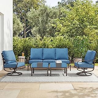 MFSTUDIO 5 Piece Metal Patio Furniture Set with Peacock Blue Cushions | Patio Sofa, 2 Swivel Chair & 2 Ottomans, All Weather Outdoor Conversation Set for Deck Backyard