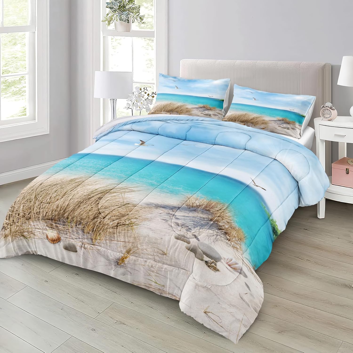 MOVE OVER Blue Ocean Bedding Set Beach Themed Comforter Set Queen Size 4 Pcs White Seagull and Seaside Rocks Seascape Pattern Blue Island Scenery Coastal Bedding Sets Ocean Beach Bedding Sets