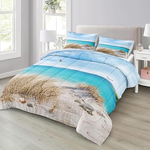 Miniatura 2 de MOVE OVER Juego de ropa de cama con temática de playa azul, tamaño Queen, 4 piezas, gaviota blanca y rocas marinas, patrón de paisaje marino azul