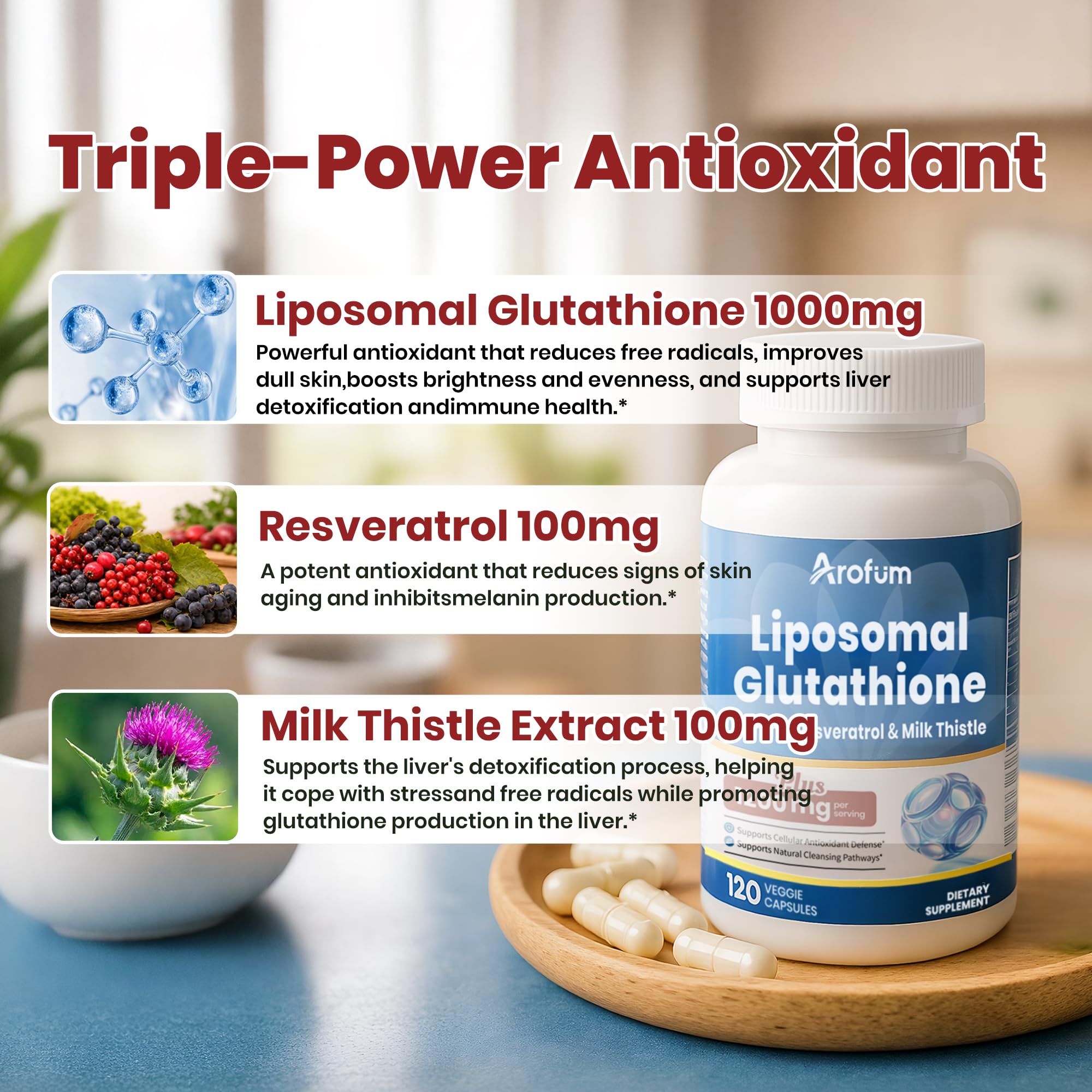 Liposomal Glutathione 1000mg, with Resveratrol & Milk Thistle | High Absorption Reduced Glutathione liposomal Supplement | 120 Vegan Capsules for Skin Health, Immune & Liver Support