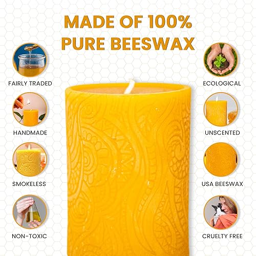 Vista 4 de BeeTheLight Beeswax Pillar Candle - 100% Pure Bees Wax - Choose Your Size and Color - Up to 72 Hour Burn Time - Approx. 2x3, 3x4, 3x6 - Unscented