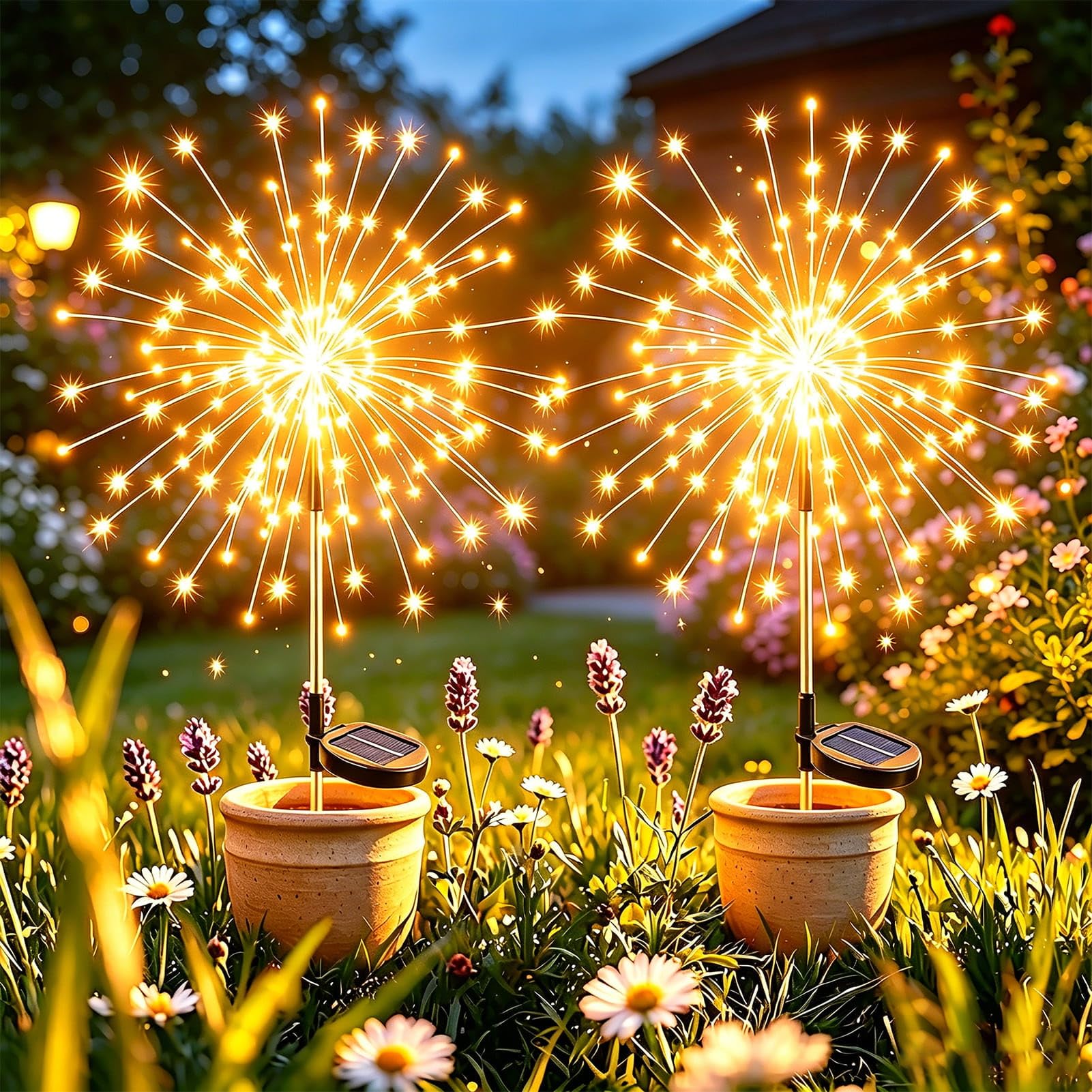 Dekofun 2 Pack Garden Solar Lights, 120 LED Firework Solar Lights Outdoor Garden with 8 Modes, Waterproof Starburst Stake Light for Plant Pots Trough Yard Lawn Pathway Patio Rockery Wedding Decor
