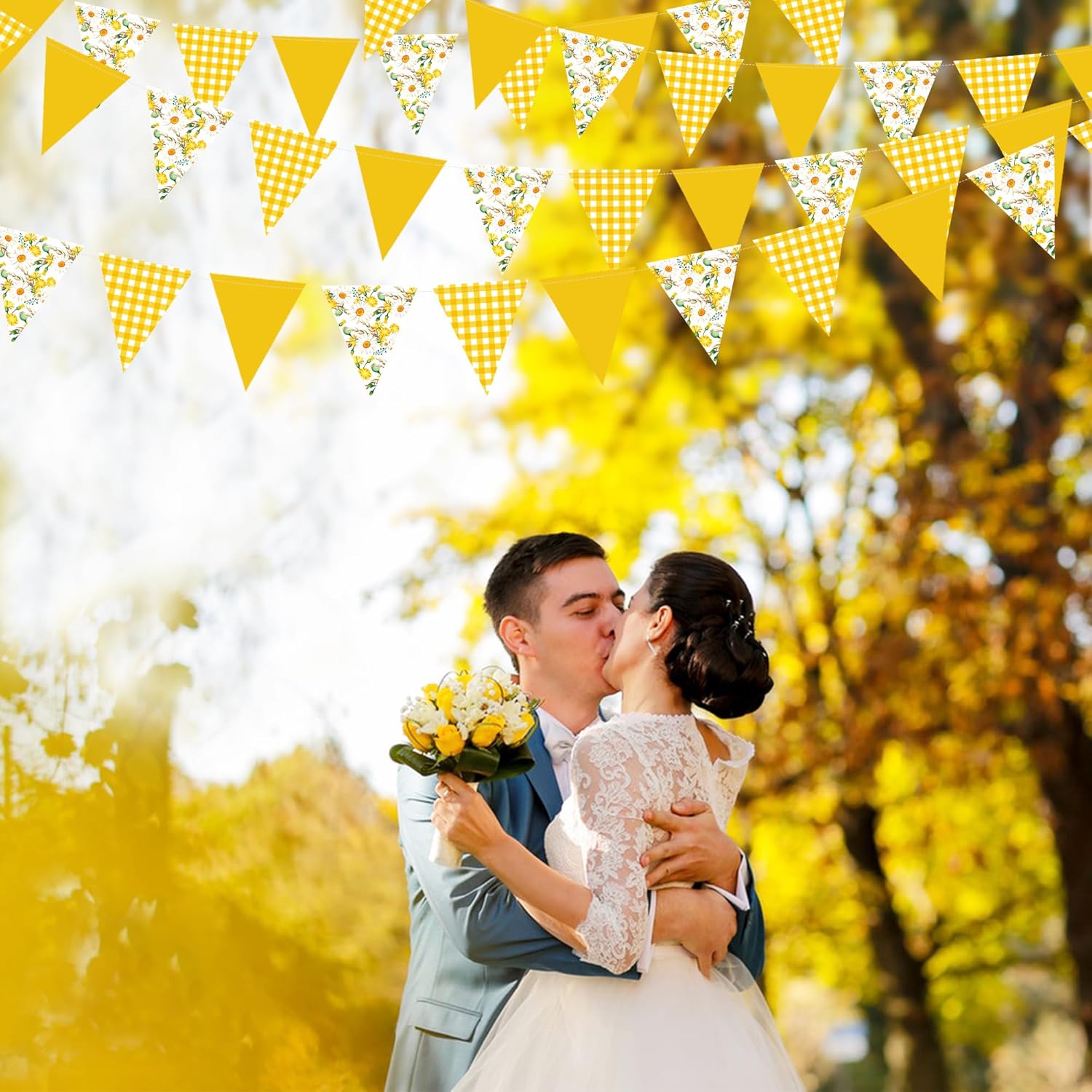 44Ft Daisy Party Decoration Yellow Buffalo Plaid Floral Daisy Banner Bunting Hanging Paper Triangle Garland for Spring Birthday Wedding Bridal Shower Engagement Bachelorette Baby Shower Party Supplies - Image 3