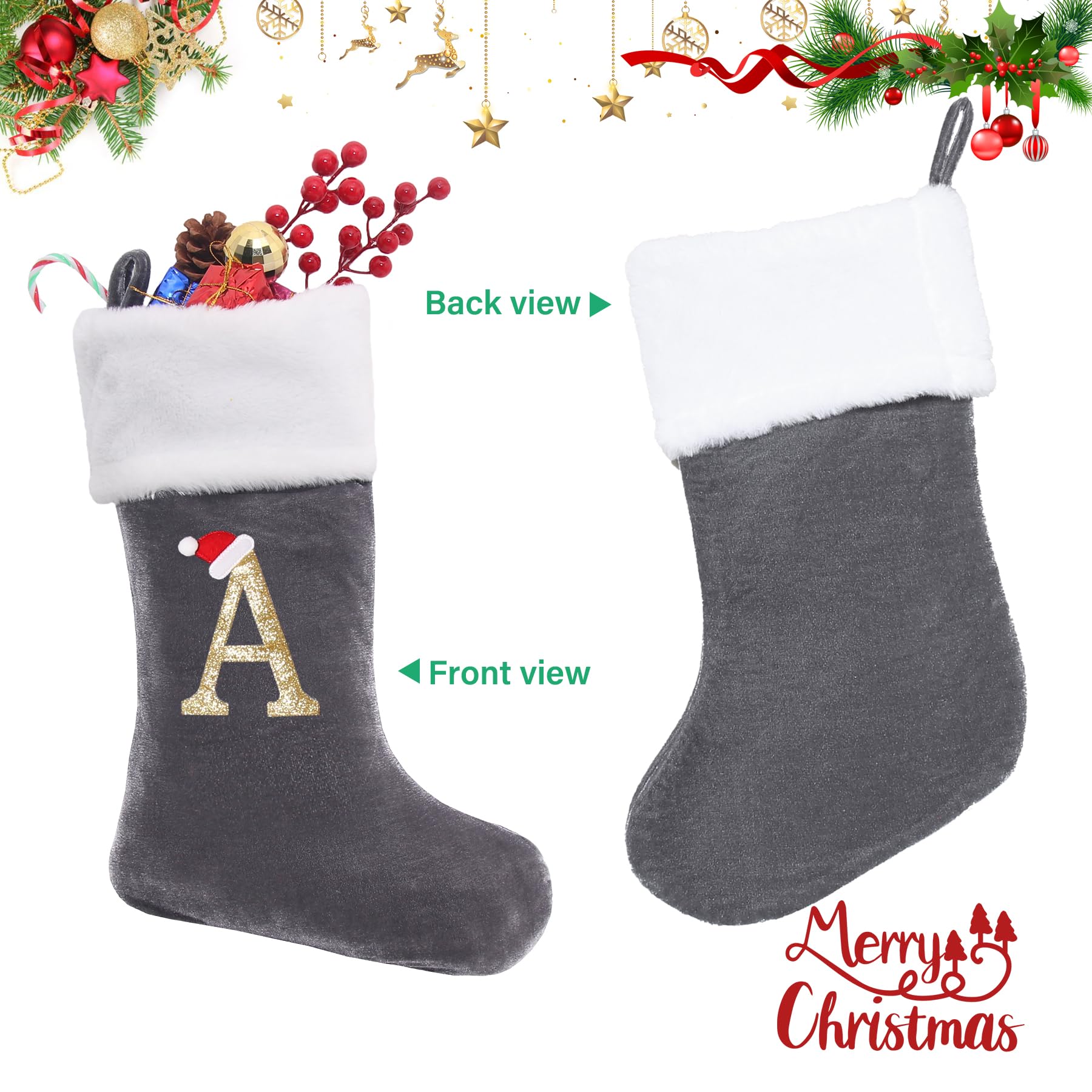 20 Inches Monogram Christmas Stockings with Letters, Large Super Soft Christmas Stockings Grey Velvet with White Super Soft Plush Cuff for Christmas Xmas Tree Holiday Fireplace Grey