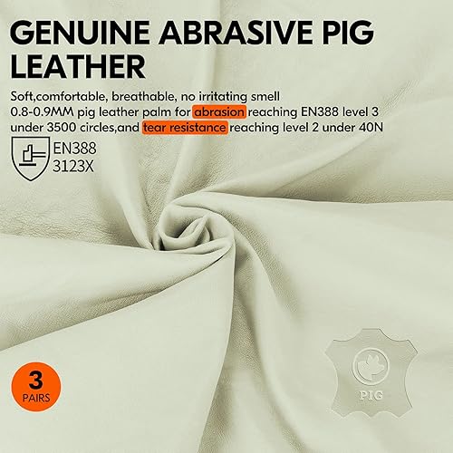 Miniatura 2 de Vgo... 3 pares de guantes de trabajo de piel de cerdo de seguridad para hombre, guantes de aparejo, guantes de construcción (talla M, cian claro,