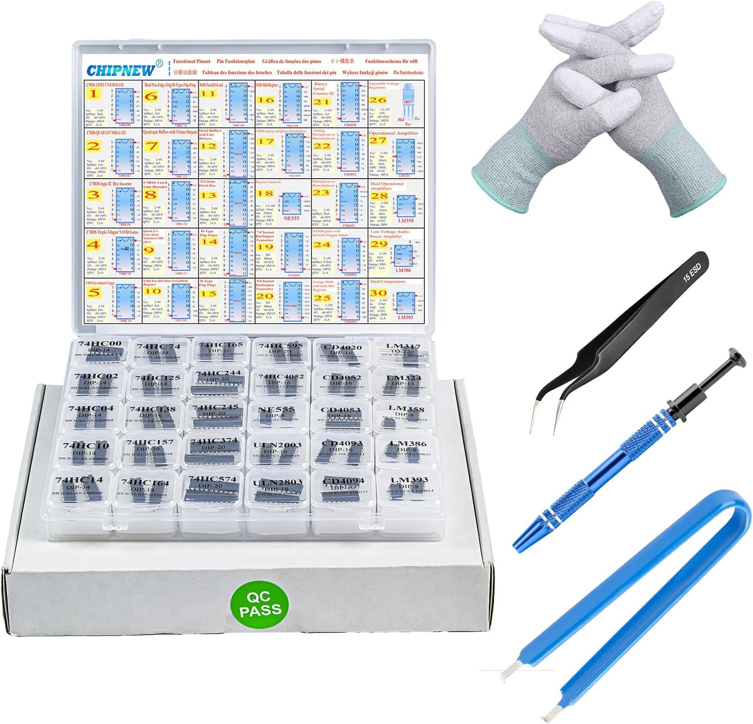 IC Kit Integrated Circuit Pro Edition 64-in-1 Electronic Component IC : Logic Gates Chip 74HCxx+CD40xx, 555Timers, LM358 op amp, ULN2003 Transistors,Amplifier IC LM386! ESD Package&MultiKit