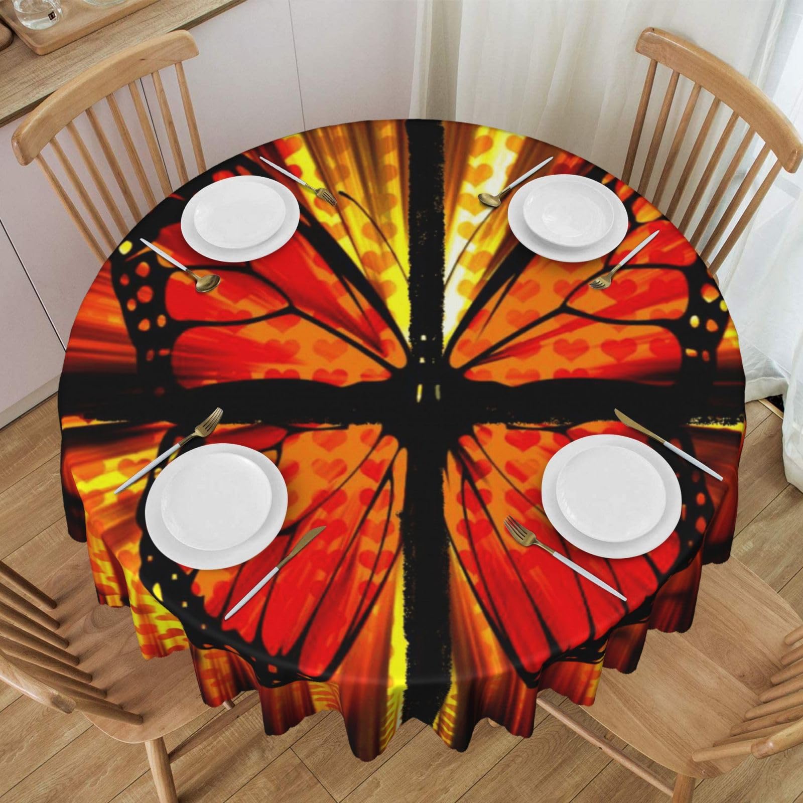 DCEHGEW 60 In Round Tablecloth with Lace, Orange Butterfly Printed Oilproof & Washable Fabric Picnic Table Cloth Table Covers