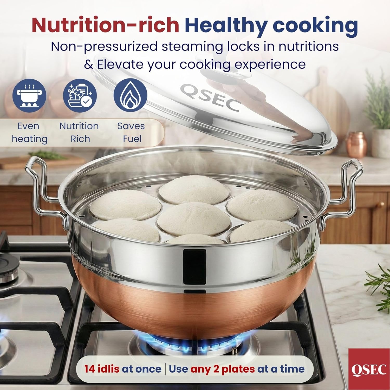 QSEC Stainless Steel Idly Cooker Multi Kadai Idli And Dhokla Steamer & Idli Cooker With 7 Plates|Mini Idli Stand|2 Mini Idli Plate|2 Idli|2 Dhokla|1 Momos|Multi Utility Kadai Cookware Set,5 Litre