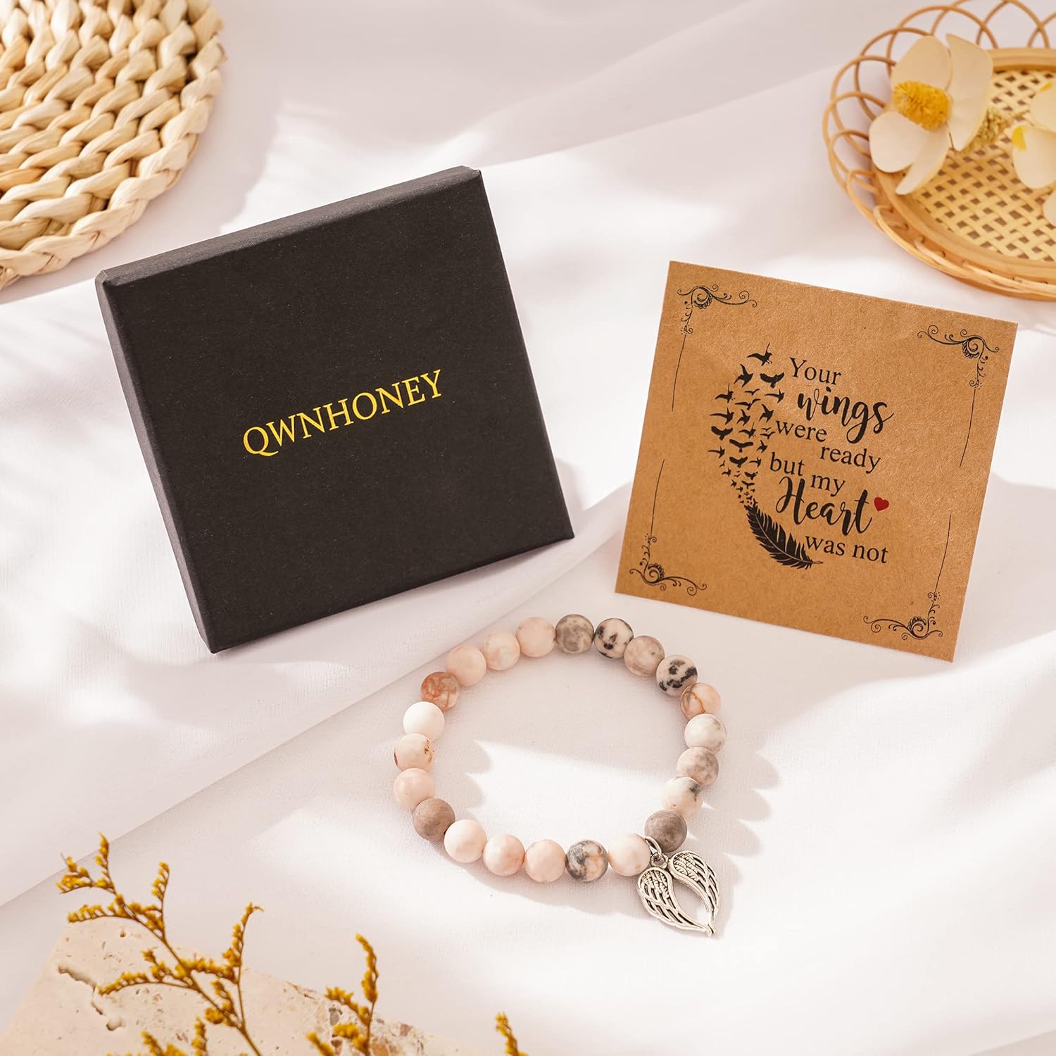 QWNHONEY Memorial Gifts for Loss of Loved Sympathy Remembrance In Memory of Mother Father Pet Bereavement Grief Pink Red Beads Bracelet with Angle Wings Jewelry Gifts for Women - Image 6