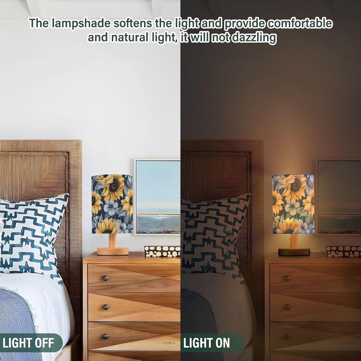Bedside Lamp Sunflower Table Lamp with USB Port Wood Base for Living, 5.12x9.7in/13x24.7cm, 214B3103
