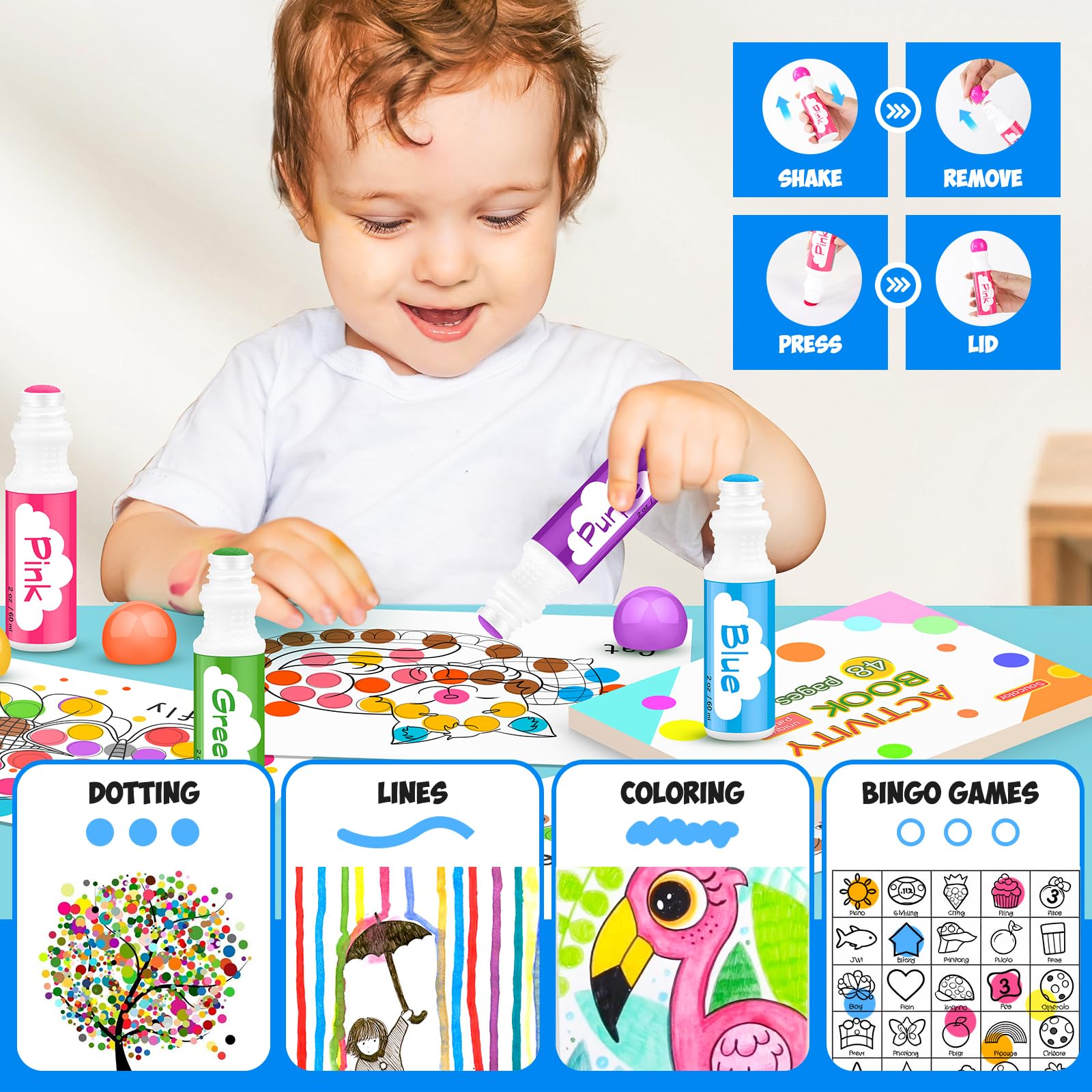 Soucolor Confezione da 96 pennarelli lavabili per bambini e bambini, 8 colori vivaci, atossici per bingo, arti e mestieri prescolari, forniture per aule scolastiche, pennarelli per un divertimento