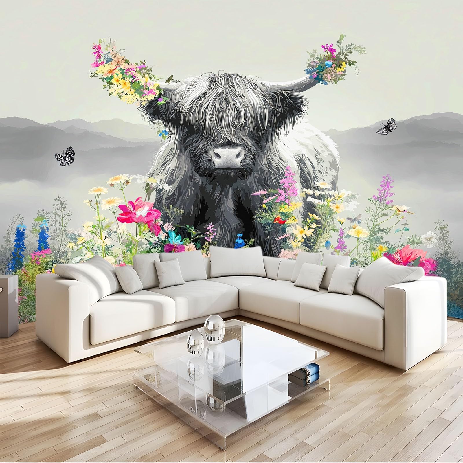 Générique Panoramiczna tapeta Yaks Champs Kwiaty Zwierzęta Łąki 350 x 256 cm, dekoracja ścienna z włókniny, dekoracyjna dekoracja ścienna do salonu, łazienki, pokoju dziecięcego, ciemnoszara