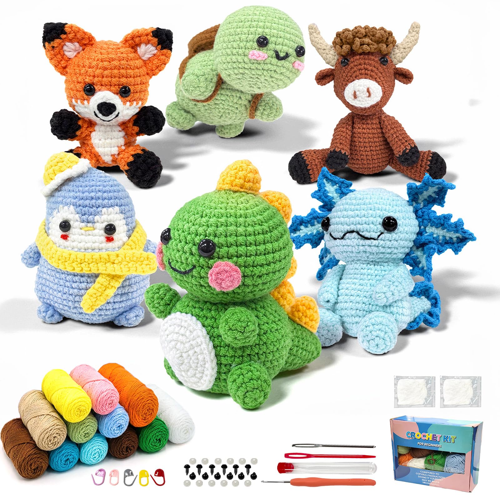 Cvkwe 6PCS Crochet Kits for Beginners Adults, Crochet Animals Kit, DIY Knitting Kits for Adults and Kids, Attached Step-by-Step Video Tutorial, Great Choice Knitting Set for Manual Lovers Gifts