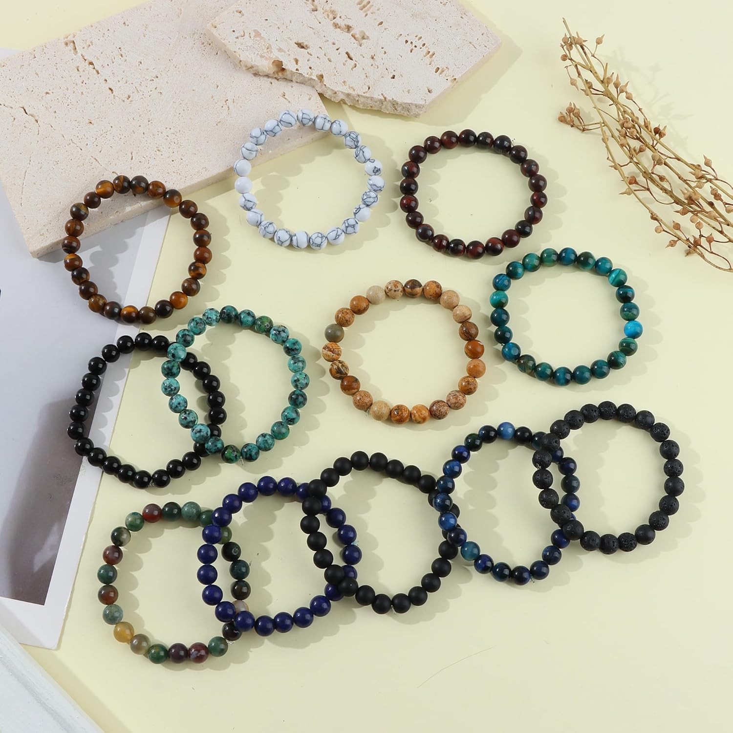 FIRAZIO 12Pcs 8mm Gemstones Beaded Stretch Bracelet for Women Crystal Stone Bracelets Round Beads Semi-Precious Stretch Bracelet Set Unisex - Image 5