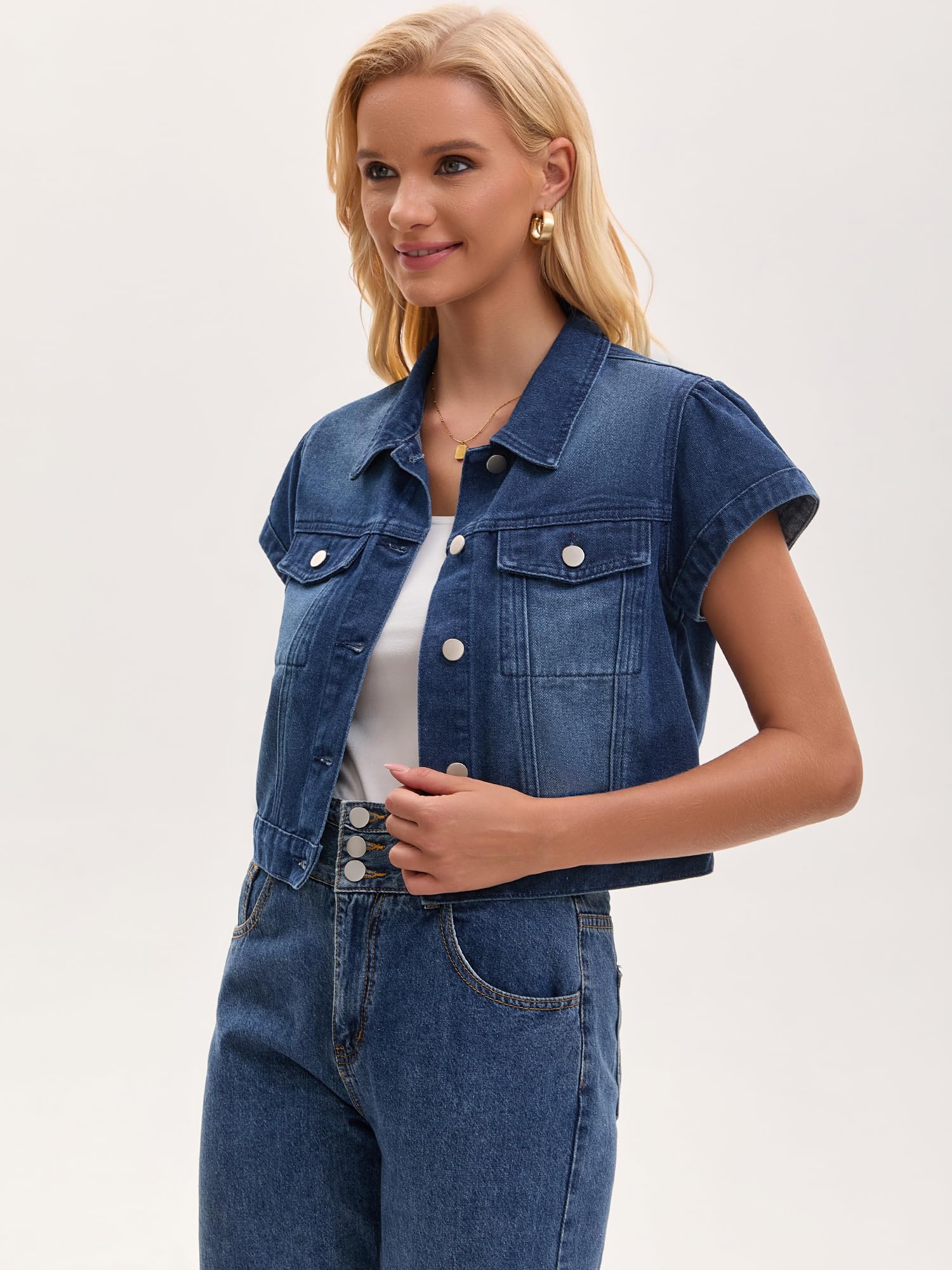 Veste En Jean Femme Boutonnée À Manches Courtes Et Col Revers Blouson Court En Denim Classique