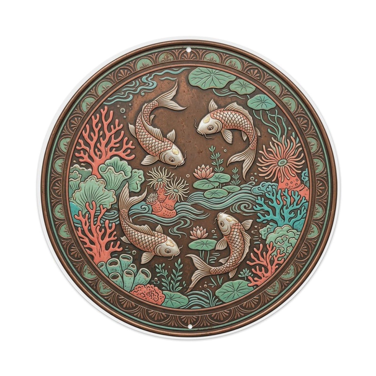 Coral Reef Ocean Koi Fish Metal Tin Sign Plaque Wall Decor for Cafe, Club Bar, Office, Home Garden Round Metal Poster 8x8Inch