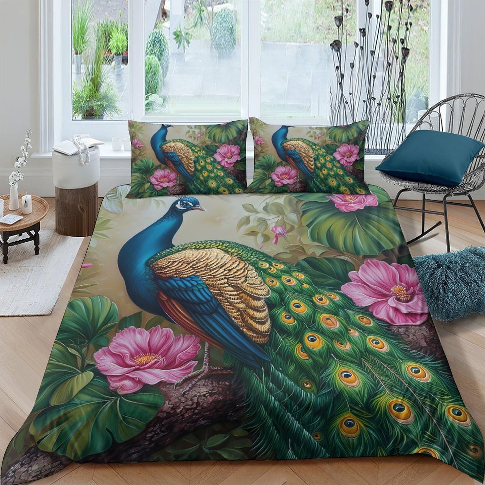 Ctjqhvkz Style-8 3D Printed Peacock Lotus Fitted Sheet Microfiber Soft Mattress Cover Floral Bed Decor For Bedroom Guest Room Single（135X200cm）