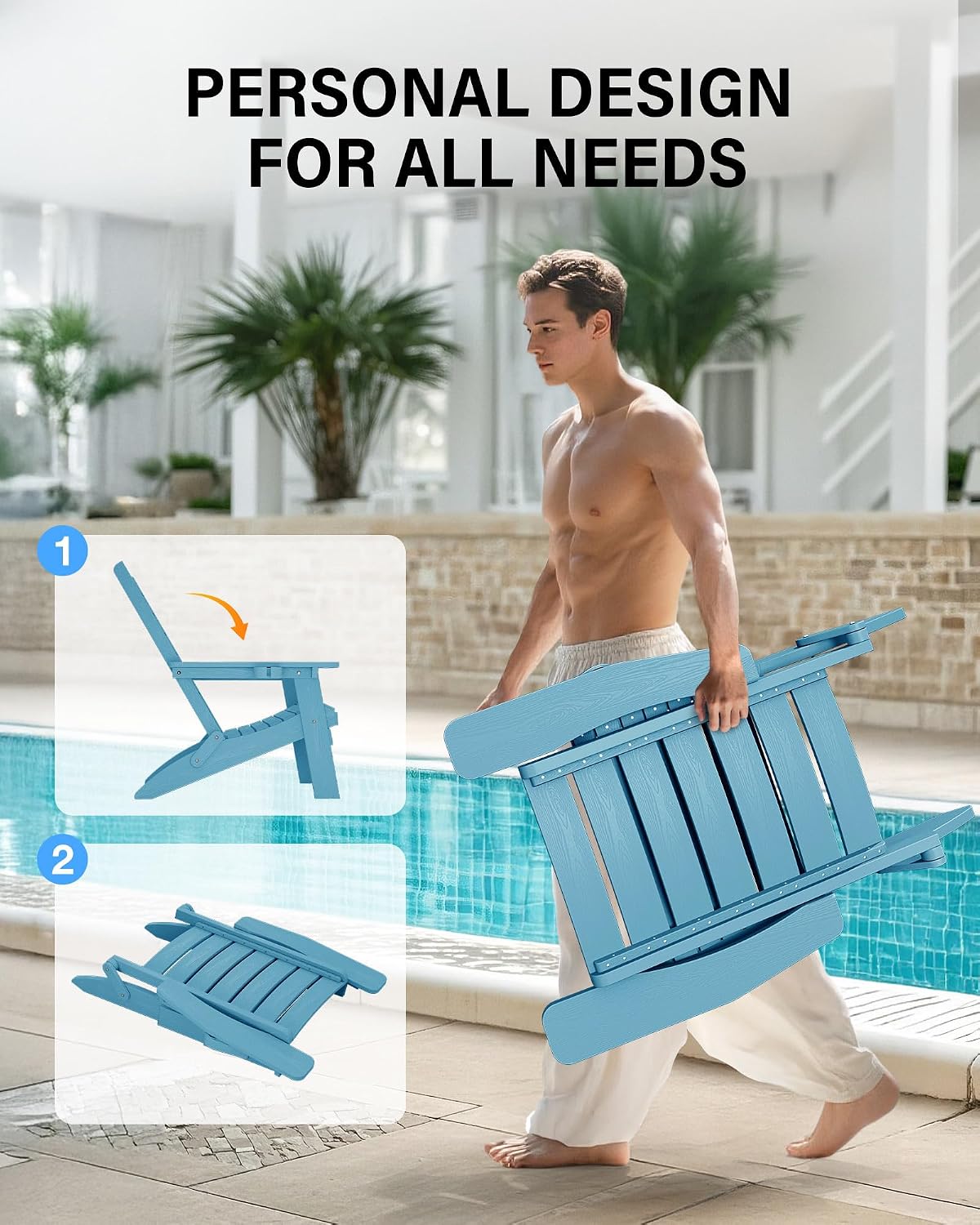 YEFU Adirondack Chair Set of 2 Outdoor: Oversized Folding Adirondack Chairs with Arc Back & Cup Holder, Weather Resistant Fire Pit Chairs for Patio Lawn Garden Backyard Deck, Blue
