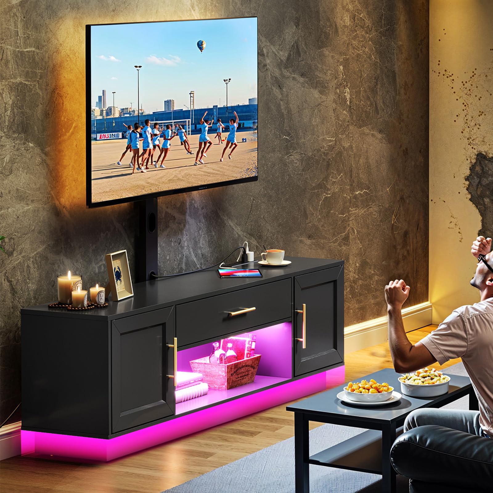 TV Stand with Mount Power Outlet 59.1", Swivel LED Entertainment Center for 32/45/55/60/65/75 inch TVs, Height Adjustable Modern Media Console Cabinet, TV Table for Living Room, Bedroom, Black