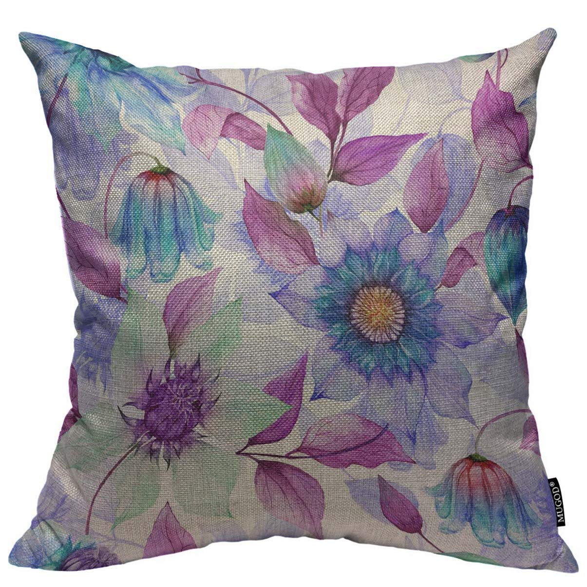 Mugod Seamless Spring Floral Throw Pillow Cover Transparent Purple Clematis Flowers on Climbing Twigs Decorative Square Pillow Case for Home Bedroom Living Room Cushion Cover 18x18 Inch