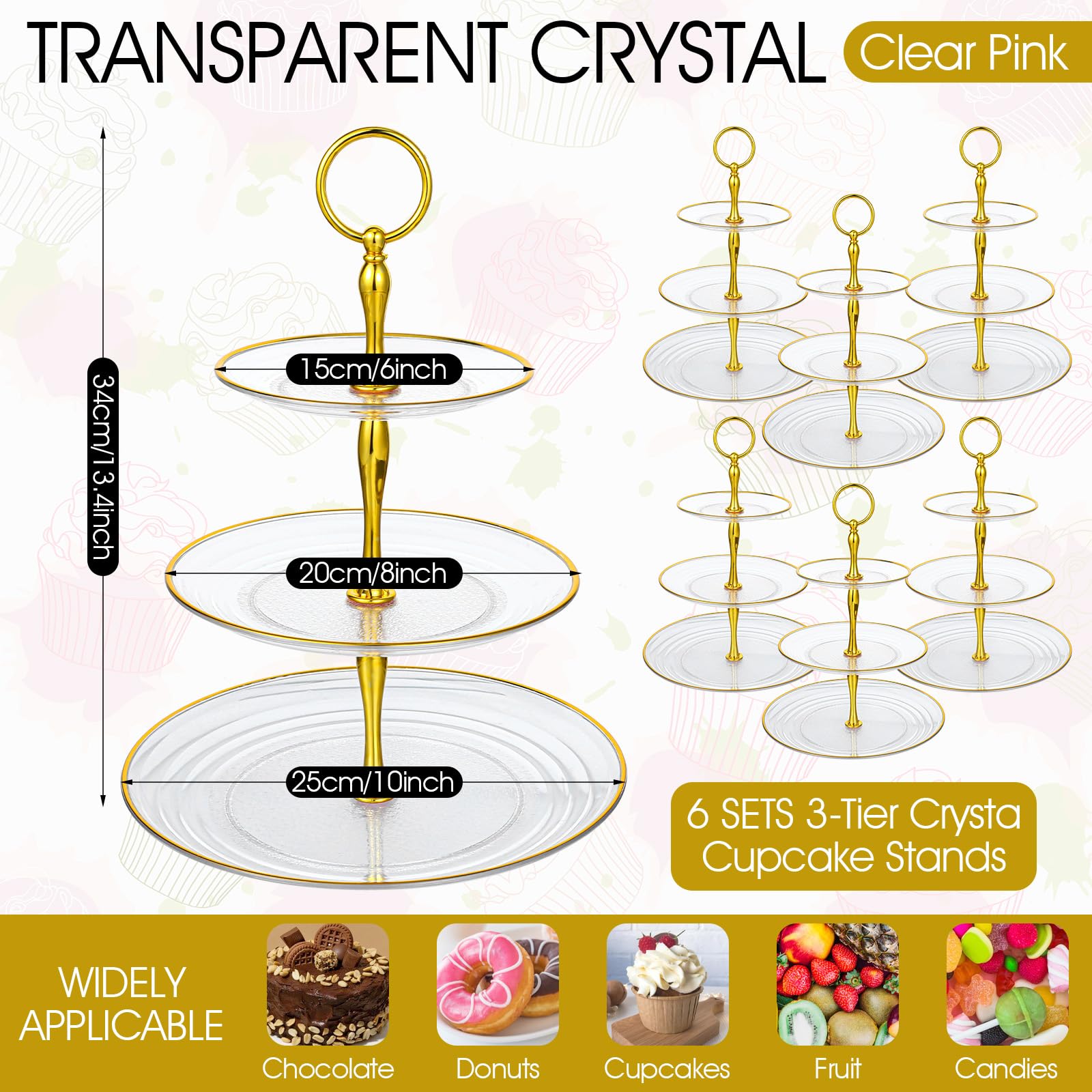 HOFURME 6 Pack 3 Tier Plastic Cupcake Stand Bulk Tiered Dessert Stand Thick Clear Plastic Serving Tray with Gold Edges Dessert Table Display Set Tea Cake Holder for Wedding Birthday Party Decorations
