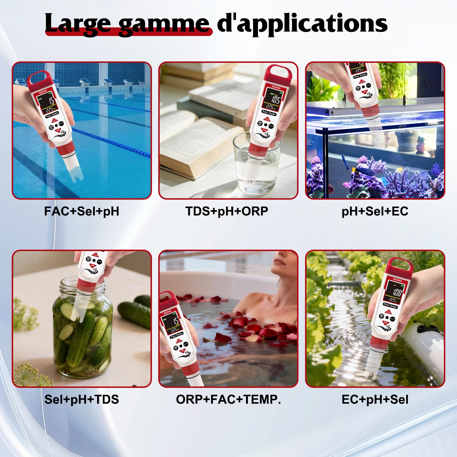 Testeur de chlore et de pH numérique, Salinomètre pour piscine | testeur d'eau 7 en 1 avec fonctions pH, ORP, chlore, EC, TDS,sel et température pour piscine, spa et eau potable