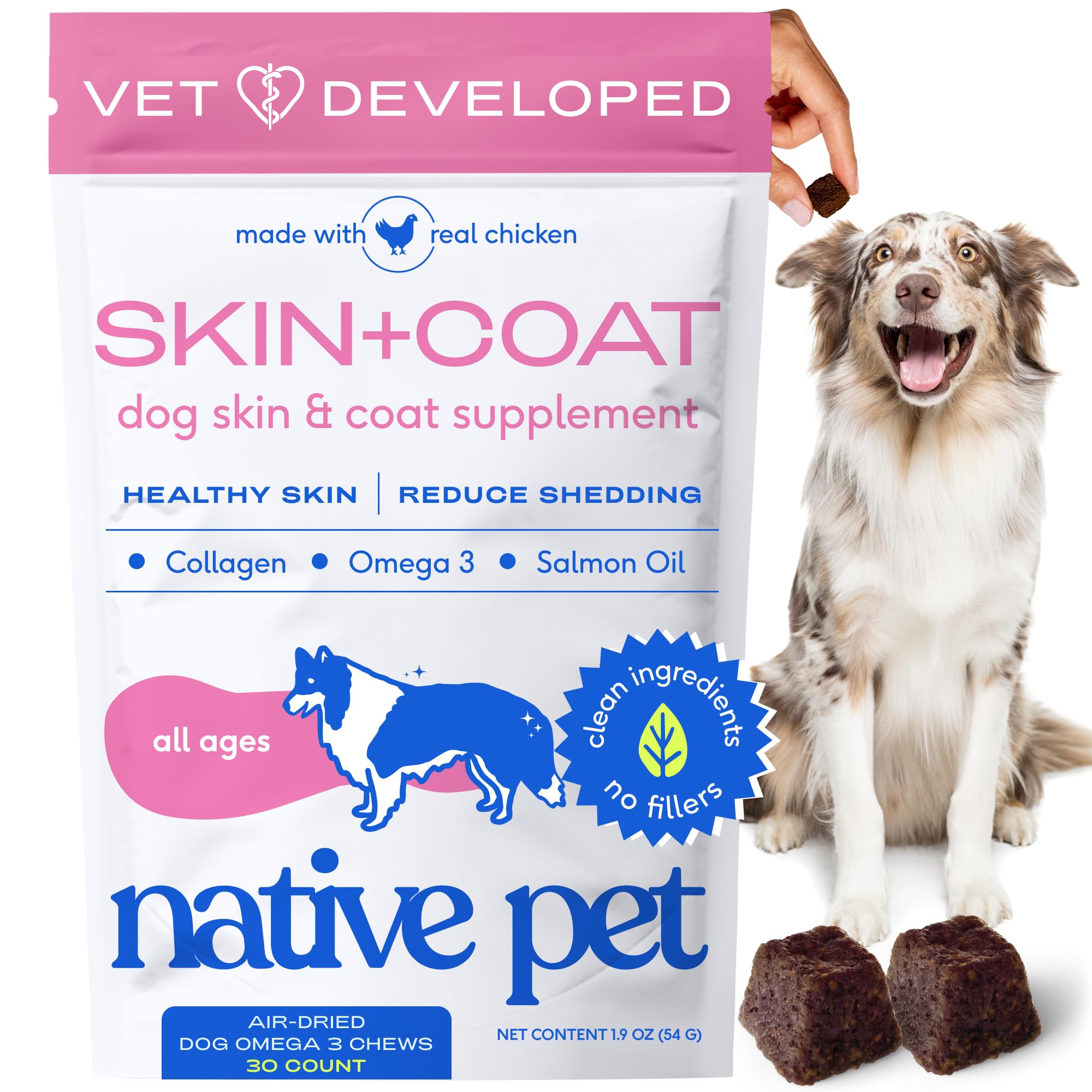 Native Pet Omega Skin and Coat Chews for Dogs - Dog Skin and Coat Supplement for Healthy, Shiny Fur, Reduce Shedding and Dry Spots - Made with Omega 3 Fish Oil and Wild-Caught Salmon Oil - 30 Chews