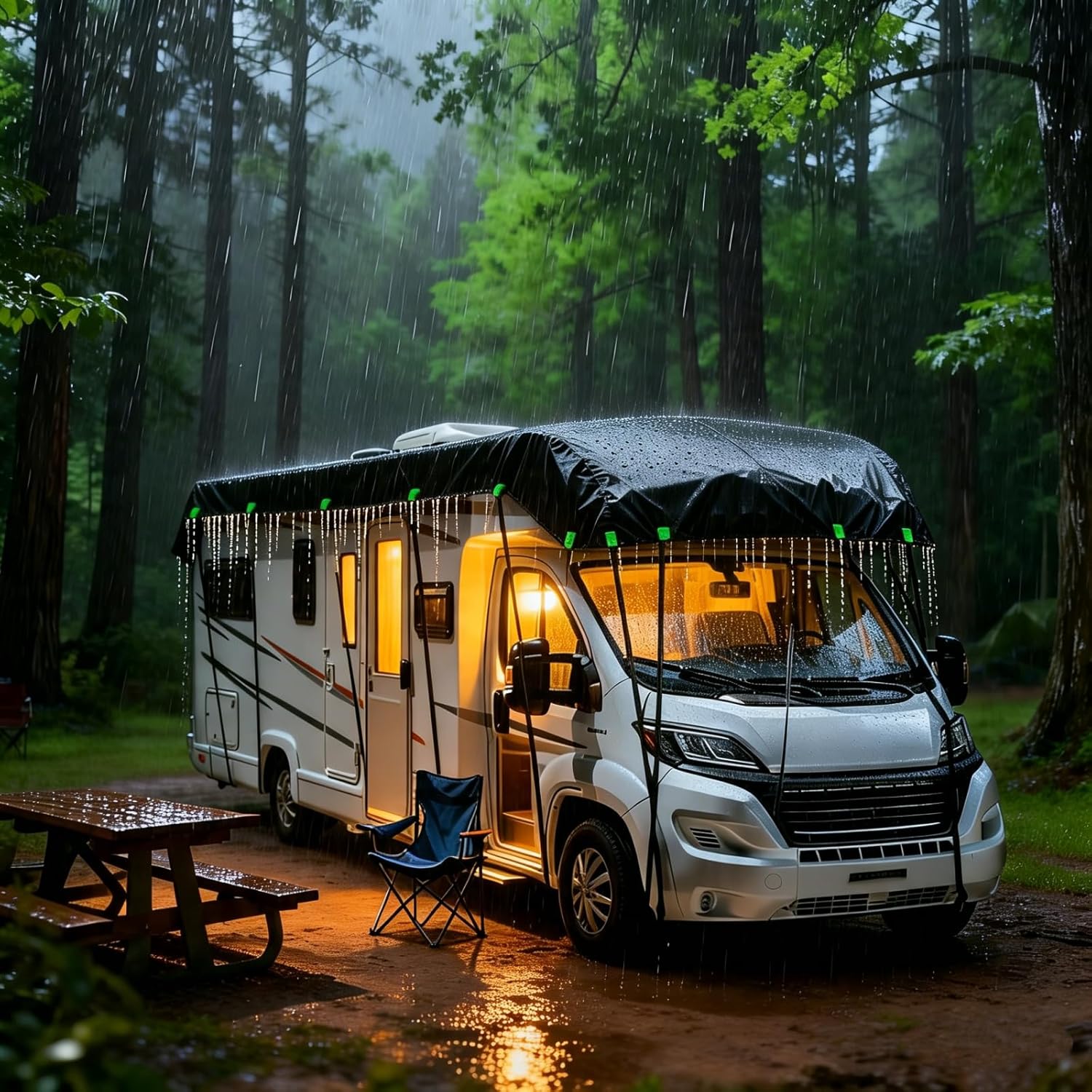 600D Heavy-Duty Wide Width RV Roof Cover — Featuring Reflective Strips,Camper roof Cover, Waterproof UV Resistant, Travel Trailers, Class C/B/A Motorhomes, Popup & Truck Campers,RVs, Black 7.5m*3.3m
