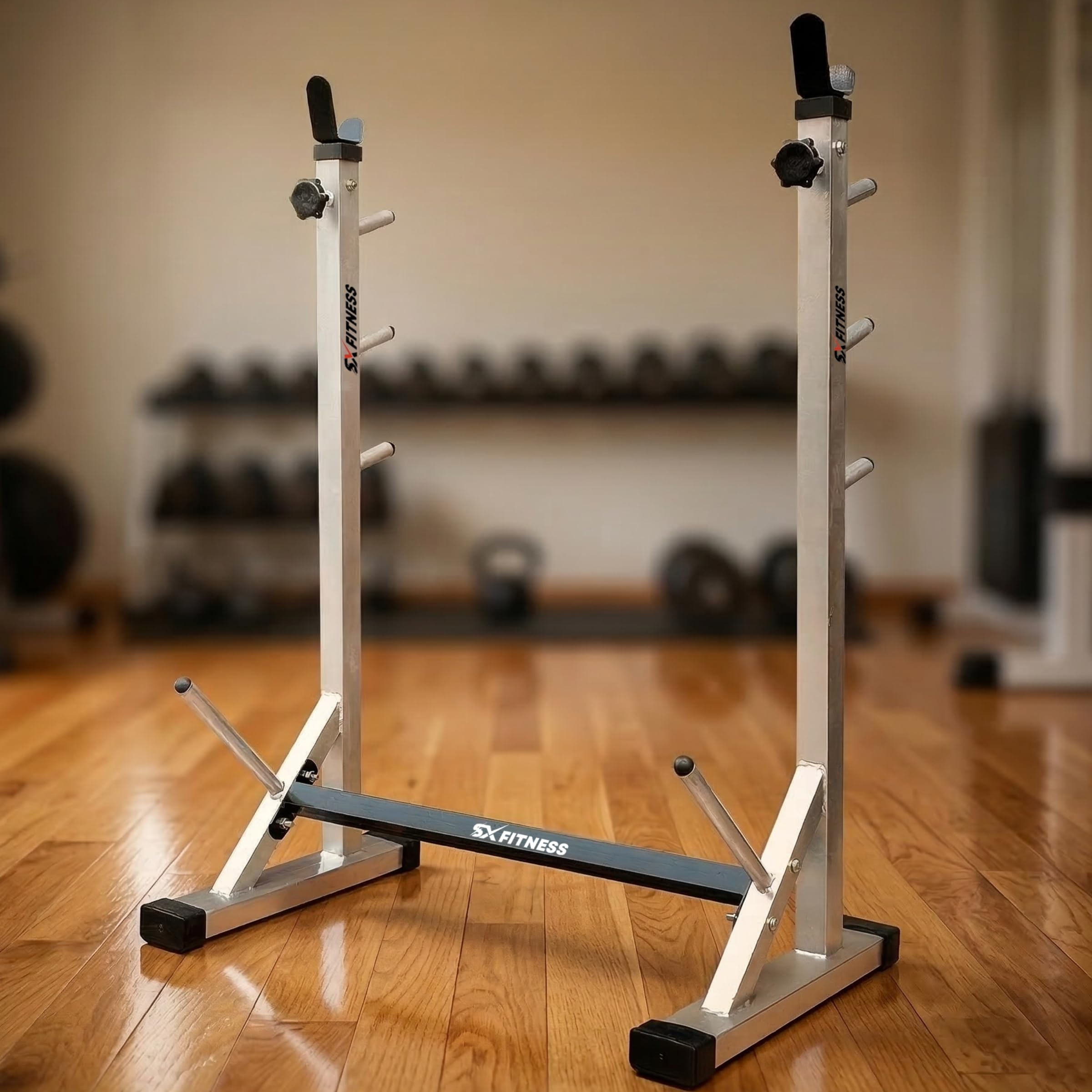SX FITNESS Multi-Functional Fully Adjustable Squat Stand, Bicep Stand with 5 Adjustable Level and Height for Home Gyms, Barbell Stand for Squat Exercises Color Silver & Black-image-37