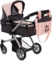 DollsToPlay 25-Inch Convertible Doll Stroller Pram for Kids - Adjustable Foldable Buggy with Canopy, Storage Basket & Rotating Wheels