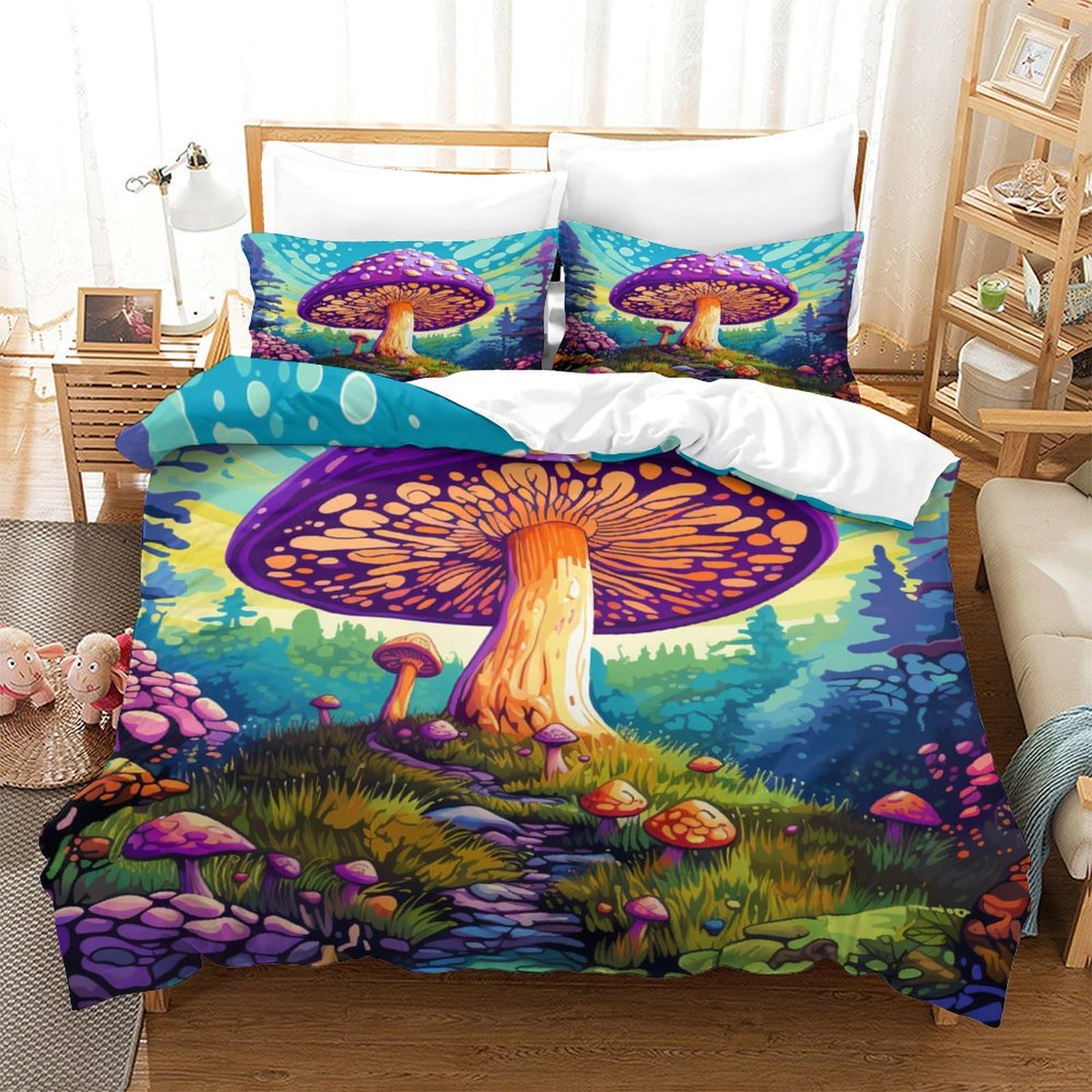 Housse de couette champignon 140x200 cm avec 2 taies d'oreiller