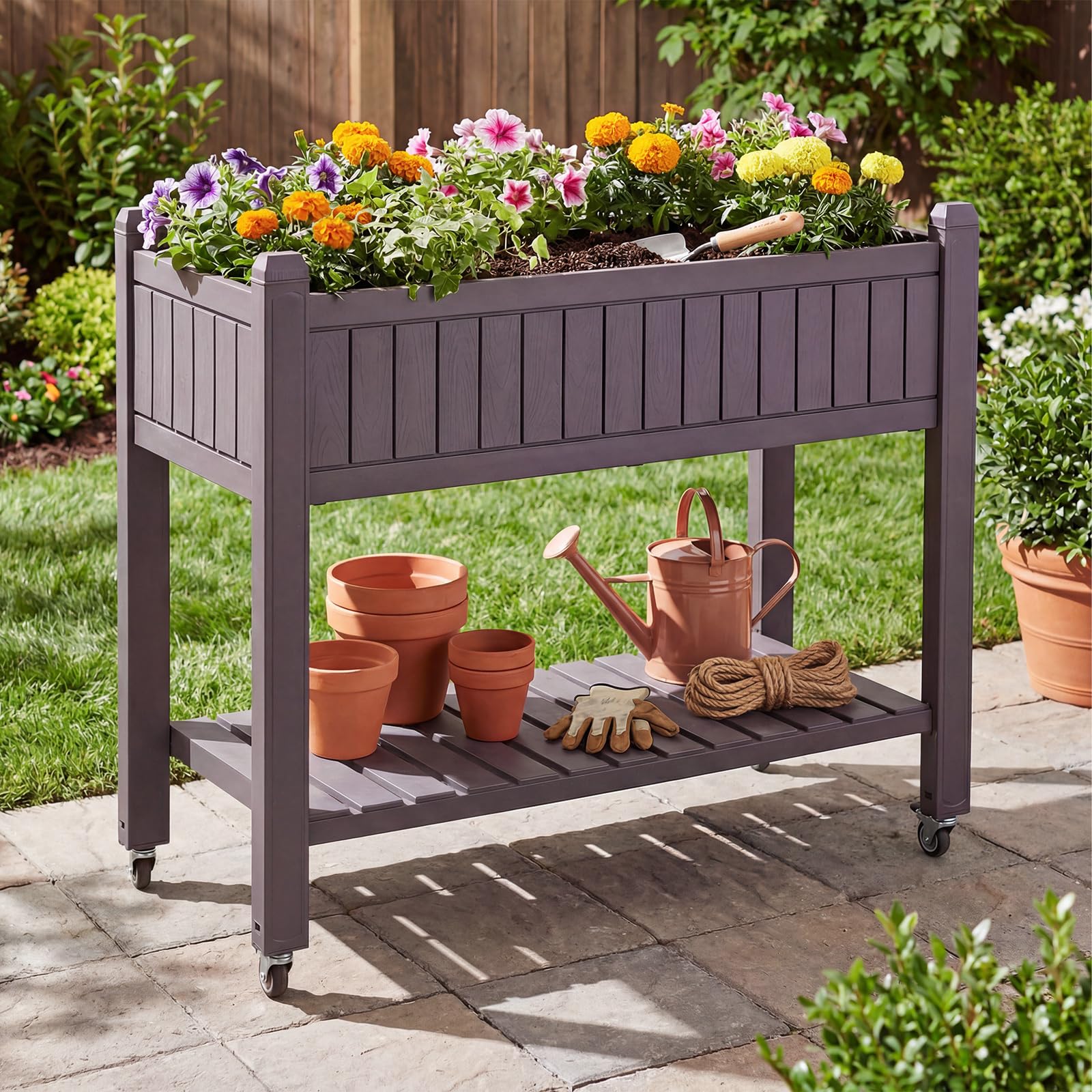 COSTWAY Huerto Urbano Elevado Mesa de Cultivo con Ruedas, Caja de Planta Divisible con Monitor de Agua, Orificio de Drenaje y Estante para Verduras y Hierbas, para Cultivo Plantas Flores Verduras