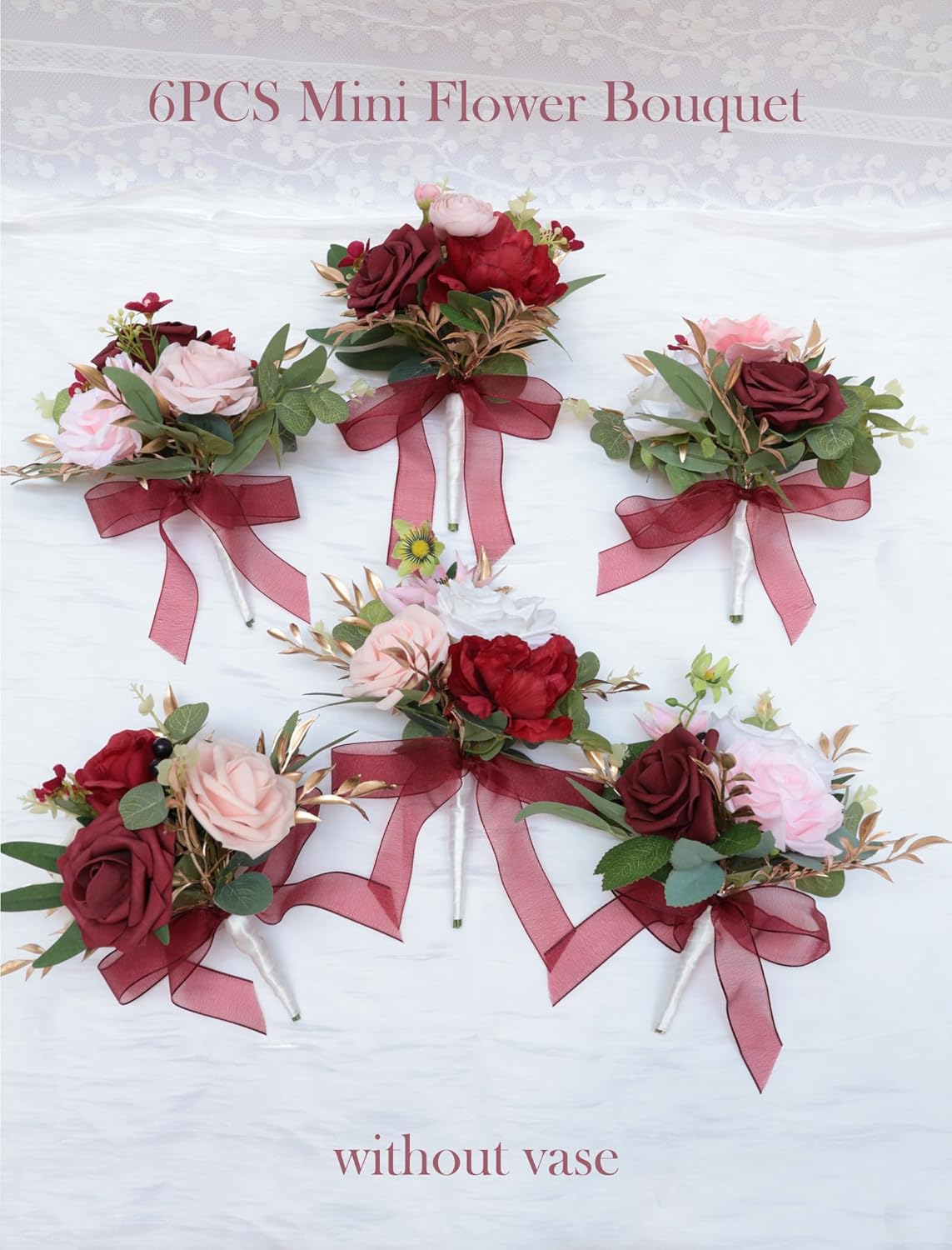 Marriwise Set of 6 Burgundy Red Assorted Wedding Flower Centerpieces Pre-Made Mini Bridesmaid Bouquets Artificial Floral Rose Table Decor for Wedding Decorations Shower Home Decor (Burgundy Red)