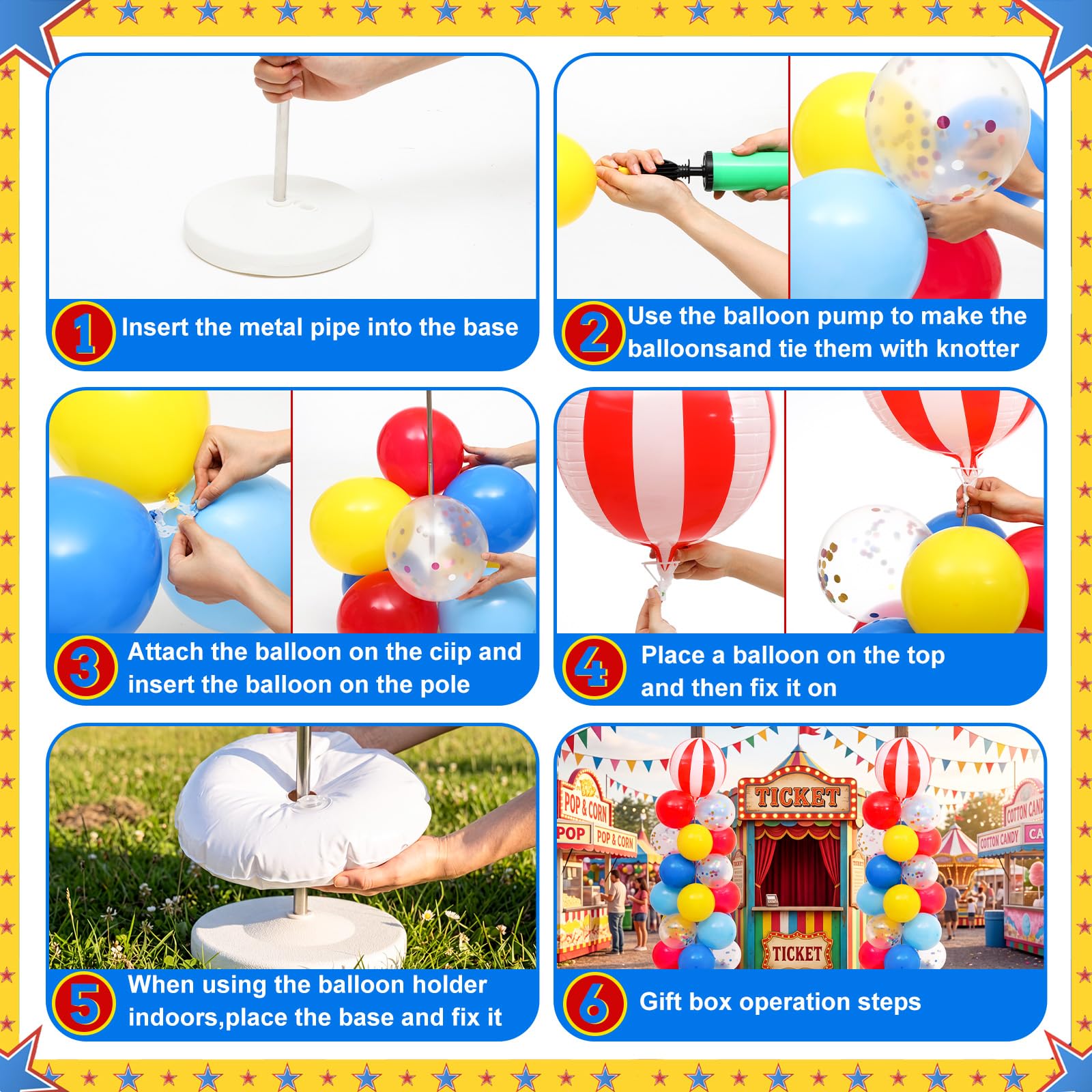 Hungdao Juego de 2 soportes de columna de globos de circo de carnaval, tubo de metal ajustable de 2 m con soporte de torre de globos a rayas rojas y blancas con bases para carnaval, suministros de