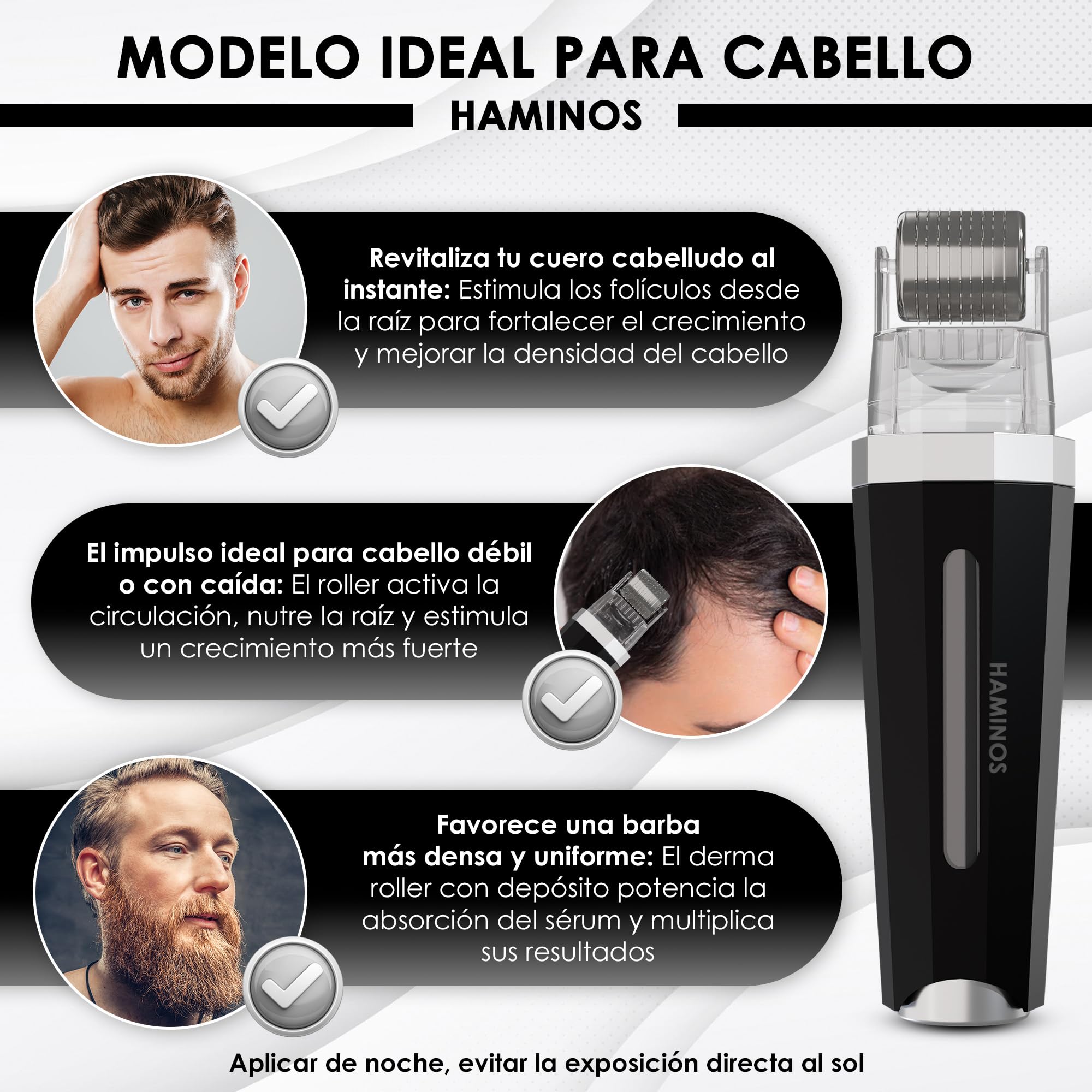 HAMINOS Derma roller 1 mm 3.0 con Depósito para Cabello, Barba, Piel, Arrugas, Estrías, Hiperpigmentación APLICACIÓN INSTANTÁNEA DEL SÉRUM, 520 Agujas de Titanio