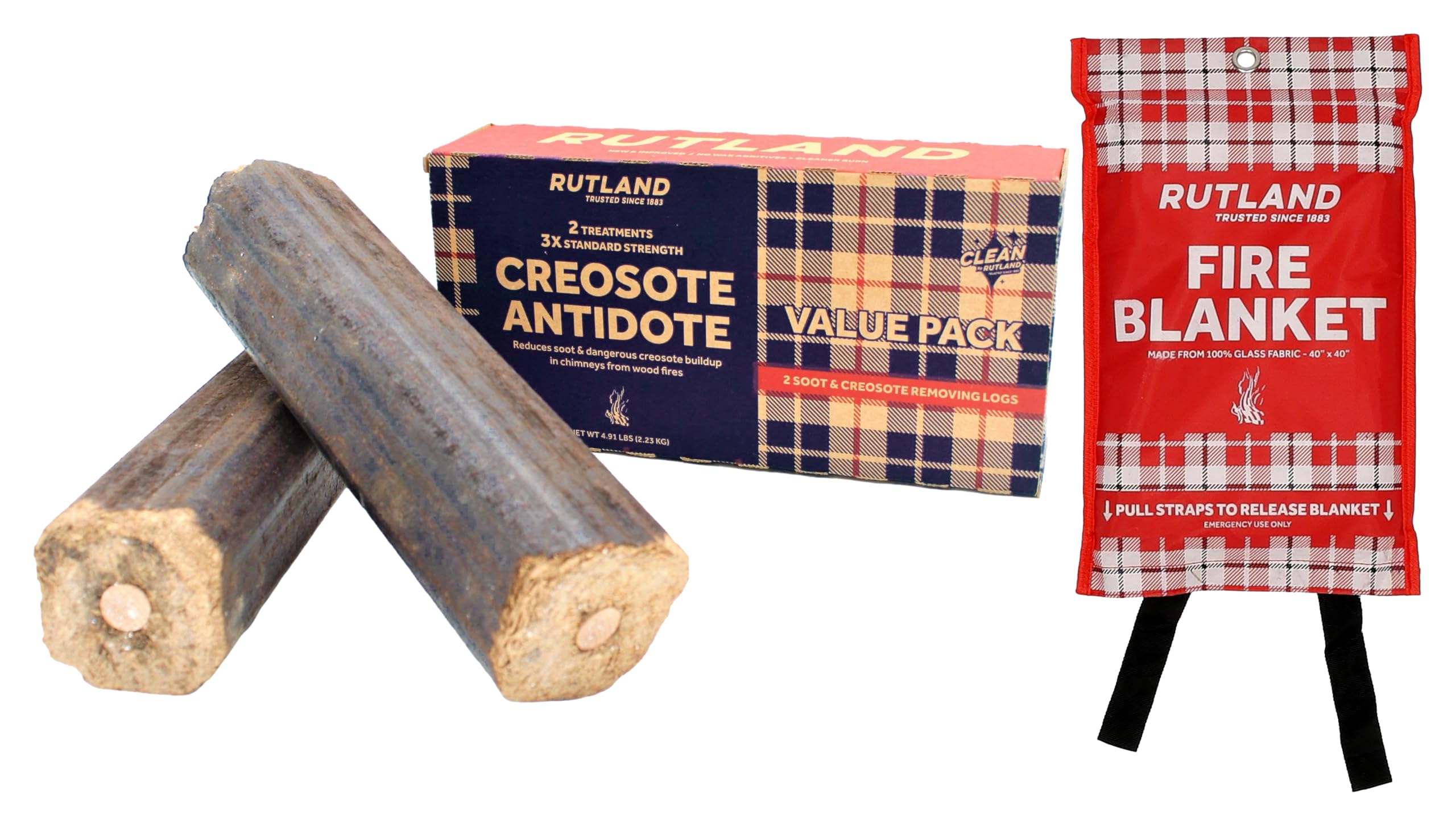 Rutland Products Creosote Antidote & Fire Blanket Bundle, Home Fire Safety Kit, 3X Power Chimney Cleaning Fire Log 2-Pack, 40" x 40" Fire Suppression Blanket for Grease and Kitchen Fires