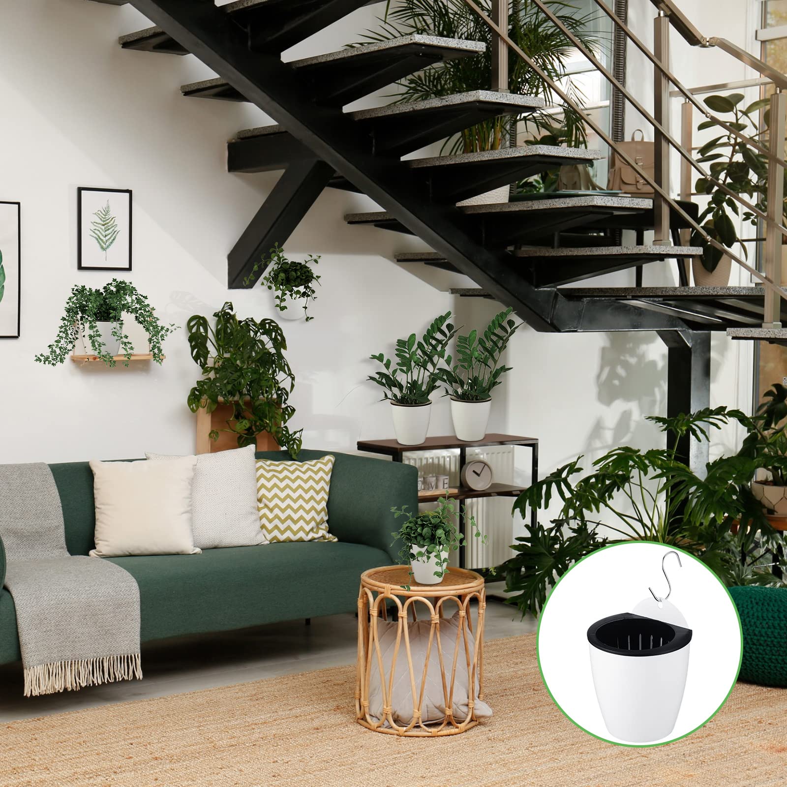 20 Sets 5 Inch Self Watering Hanging Planter White Lazy Flower Pots Plastic Wall Planters Propagation Window Wall Mount Planter with Hooks and Absorbent Cotton Ropes for Garden Indoor Succulent Plants