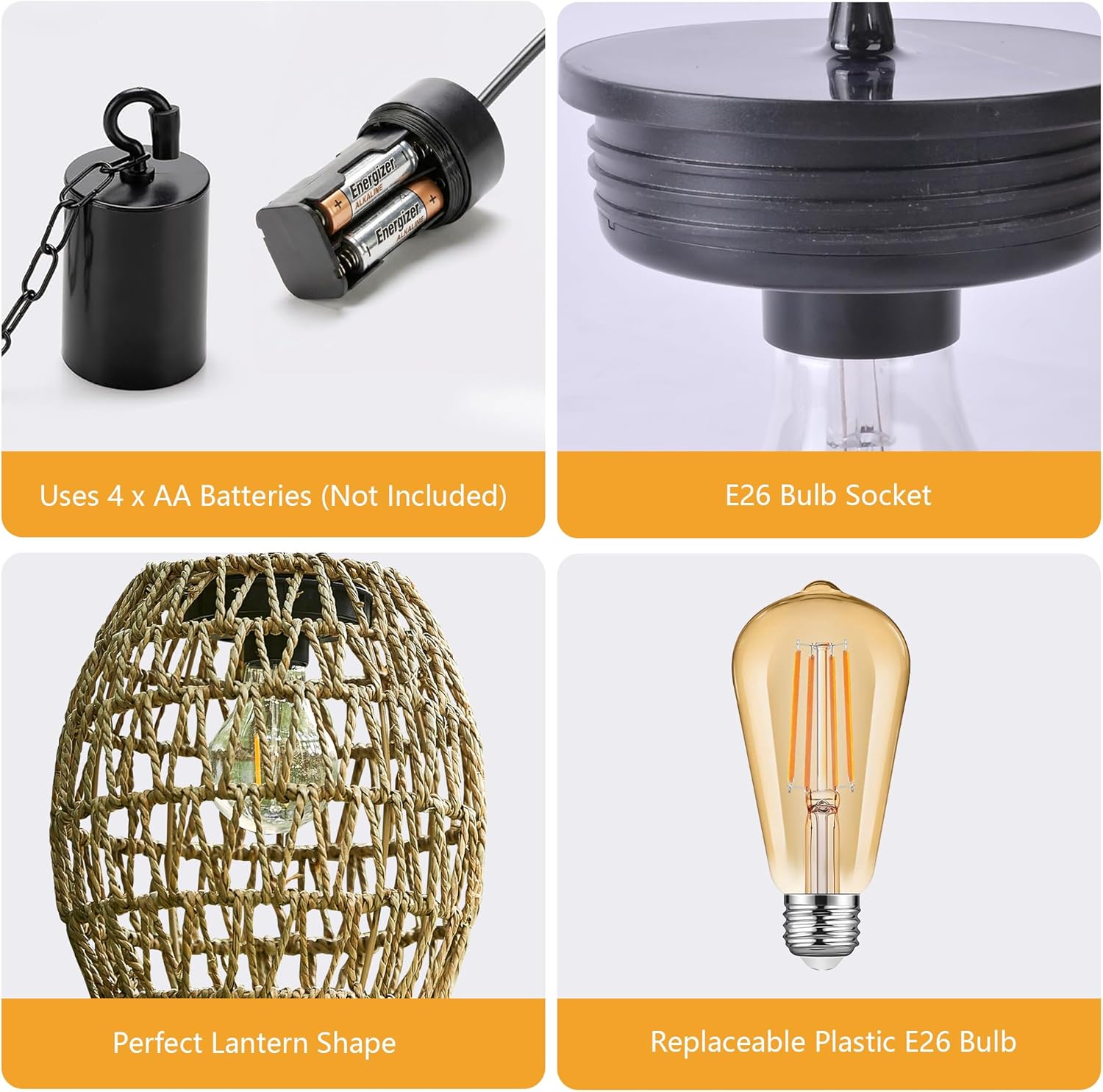Battery Operated Chandelier, Rattan Gazebo Waterproof Hanging Pendant Light with Bulb for Patio Porch Garden Barn Room Pergola Decor