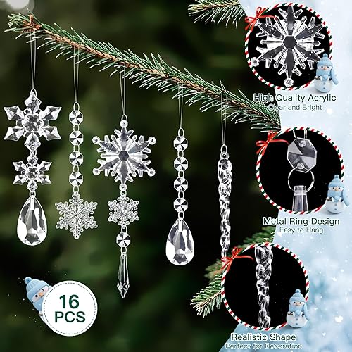 Miniatura 8 de MELLIEX 16 piezas de adornos de decoración para árbol de Navidad, colgantes acrílicos colgantes de copo de nieve de carámbanos, juego de adornos de