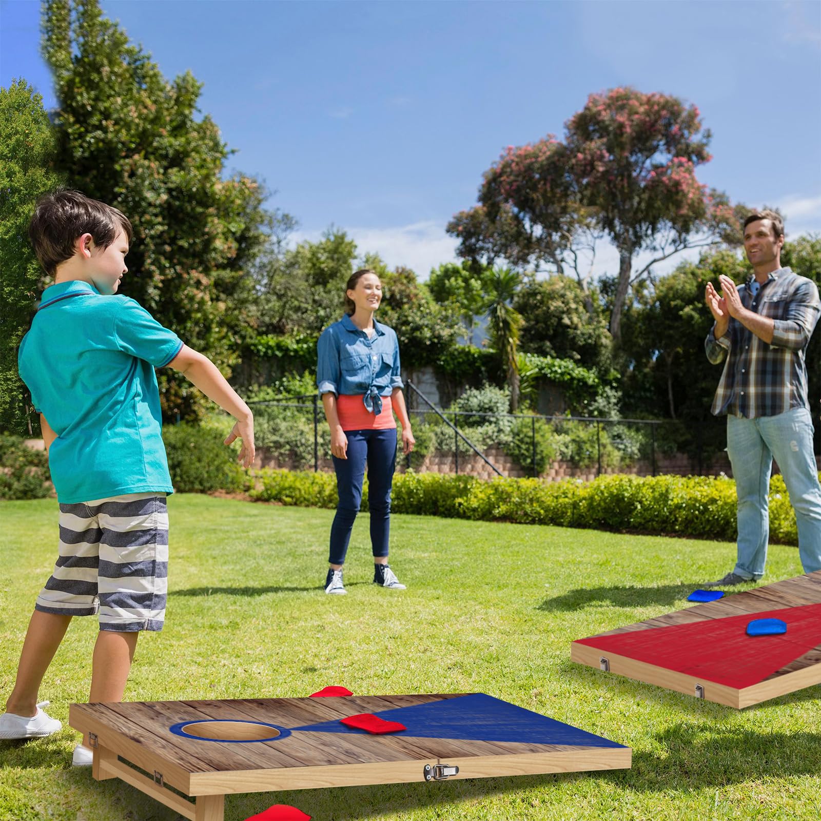 NZQXJXZ Juego de Cornhole, 60 x 40 cm Tableros de Madera Maciza Premium con Agujeros de maíz con 6 Bolsas de Frijoles y una Bolsa de Transporte, Juego de Lanzamiento de maíz para Familia y Adultos