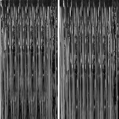 CHRORINE 2 cortinas de flecos de oropel negras de 3 x 8.3 pies, serpentinas para telón de fondo de fotos para cumpleaños, graduación, Halloween,