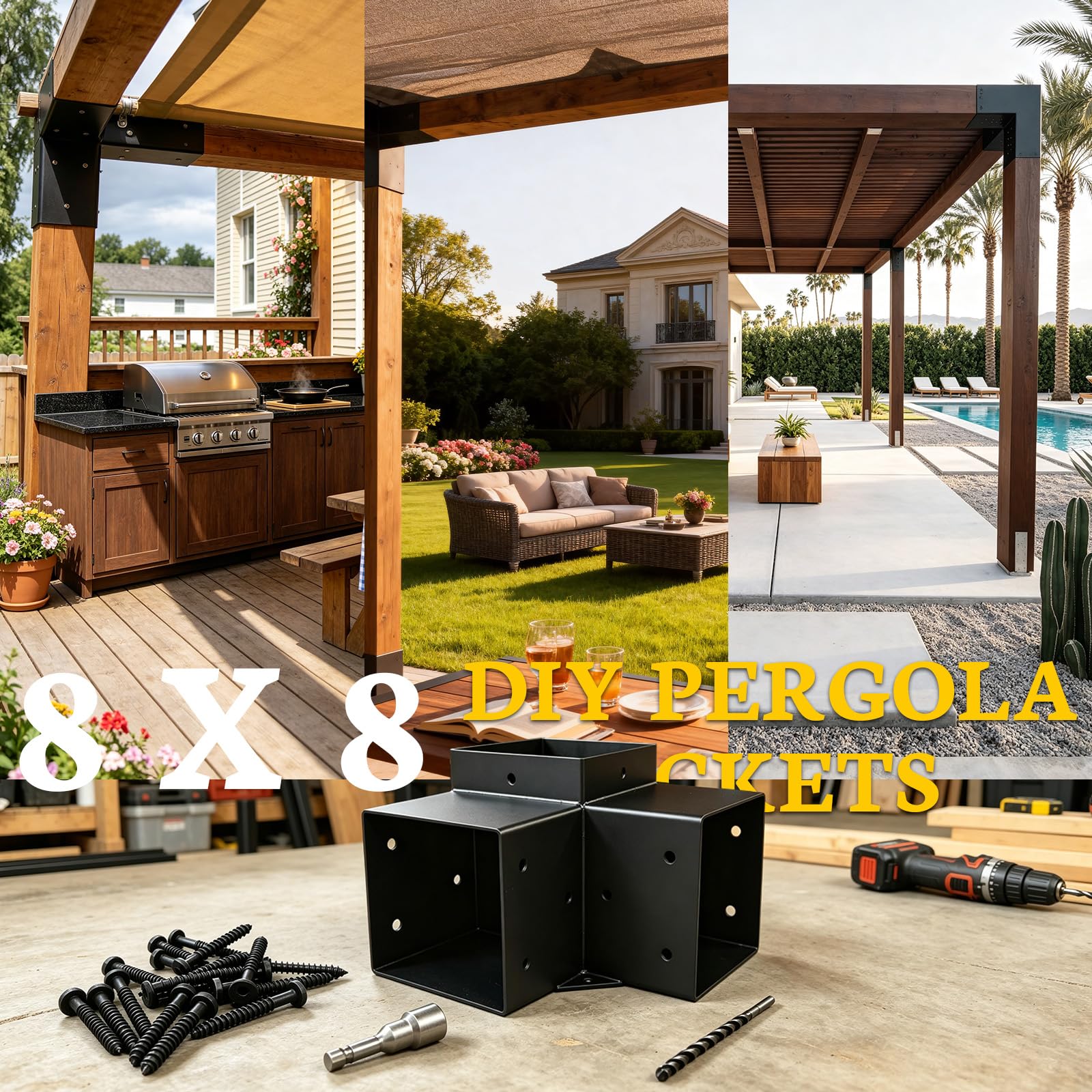 Kit di staffe Pegola 8 x 8, staffe angolari per legno a 3 vie ad angolo retto per legno da 20,3 x 20,3 cm (attuale: 19,1 x 19,1 cm), staffe in metallo fai da te per patio, padiglione, capanna