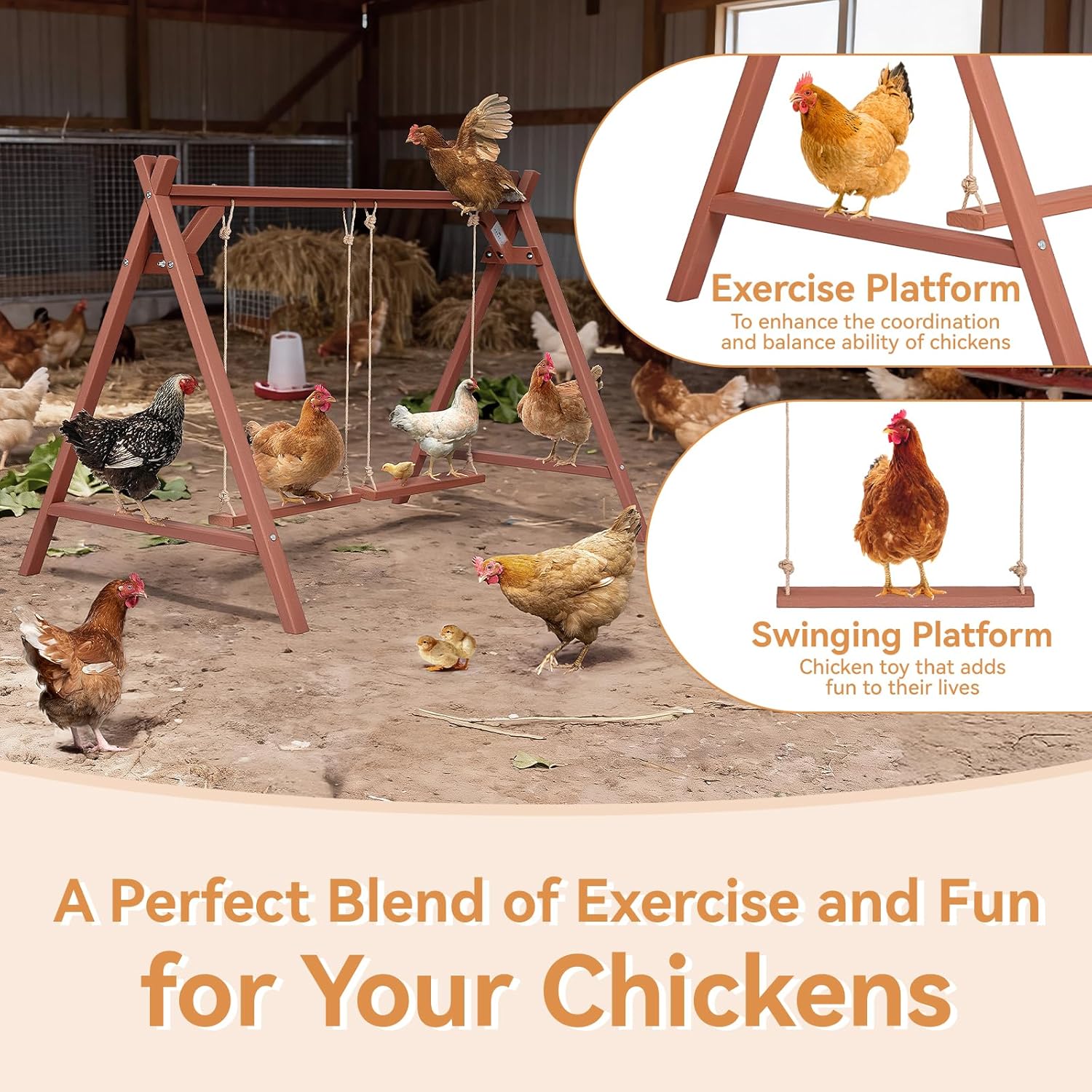 PETSFIT Wooden Solid Chicken Perch & Roosting Bars with 2 Swings, 50"x30"x34" Coop Toy for 6–8 Hens, Multi-Level Stand Encourages Exercise & Natural Behavior, Easy to Assemble & Clean,Outdoor Use